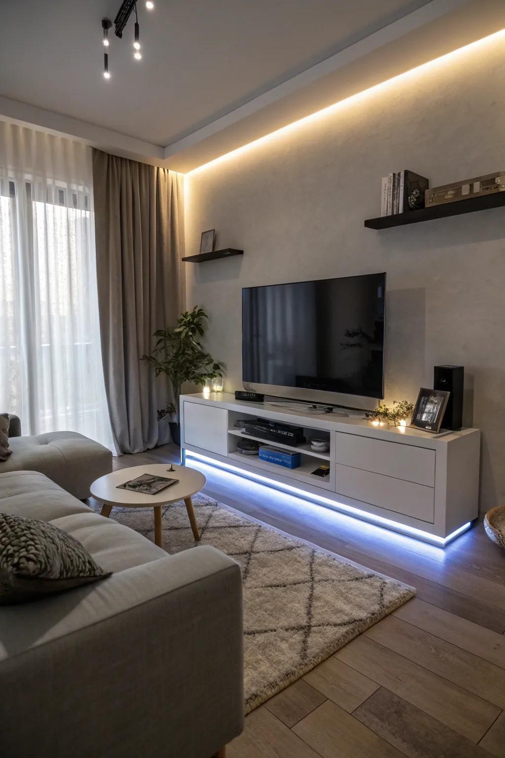 A living room with LED strips adding a modern touch to the TV stand.