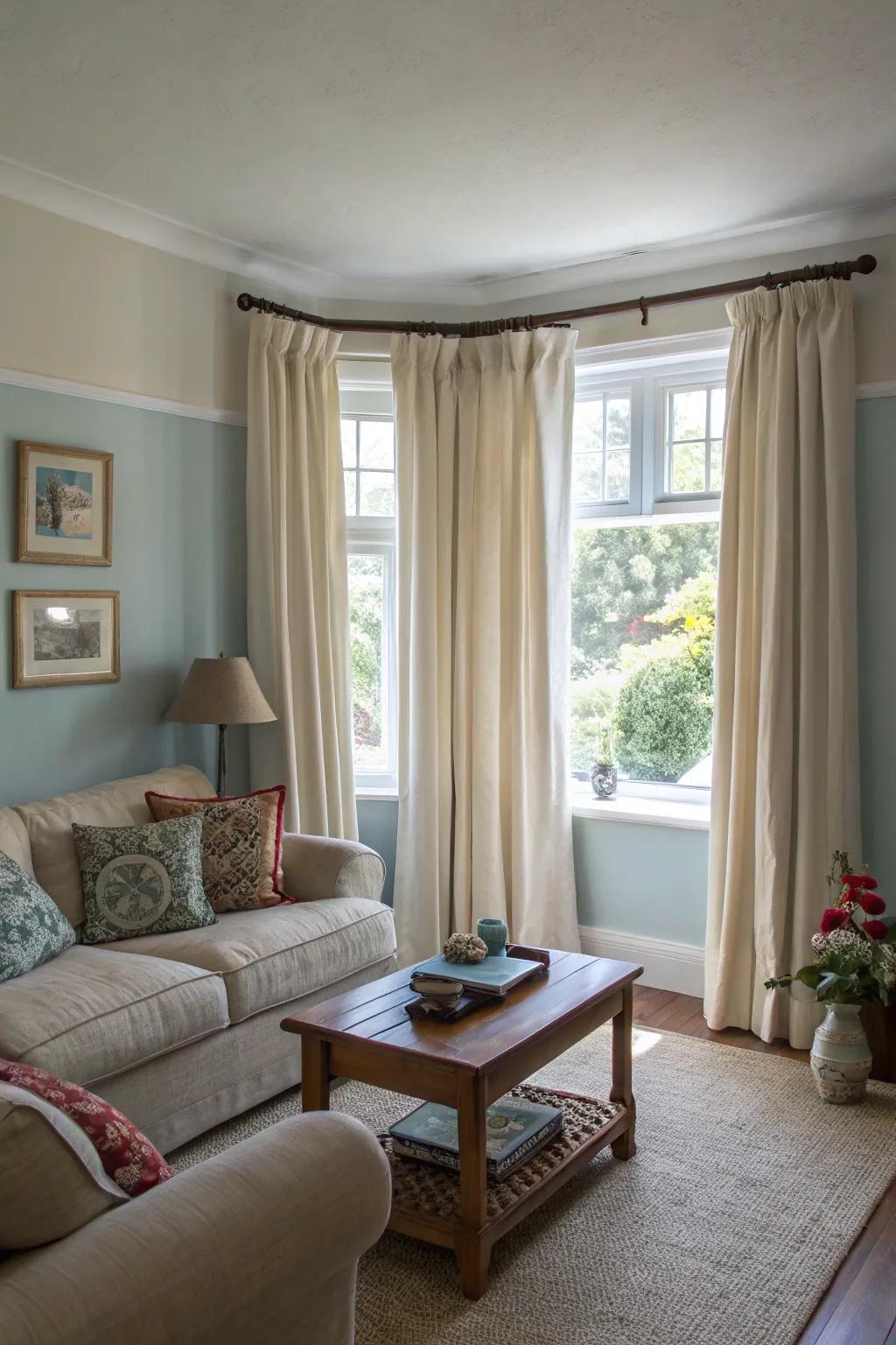Curtains add height to the living room.
