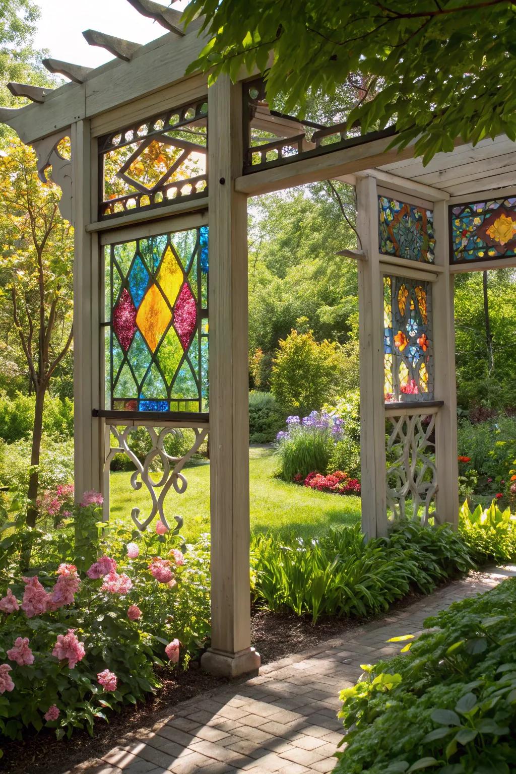 A vibrant arbor embellished with exquisite colored glass accents.