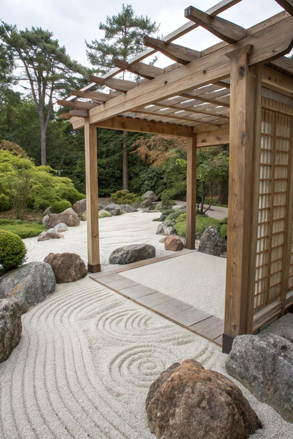 A Zen garden arbor offers a space of tranquility and simplicity.