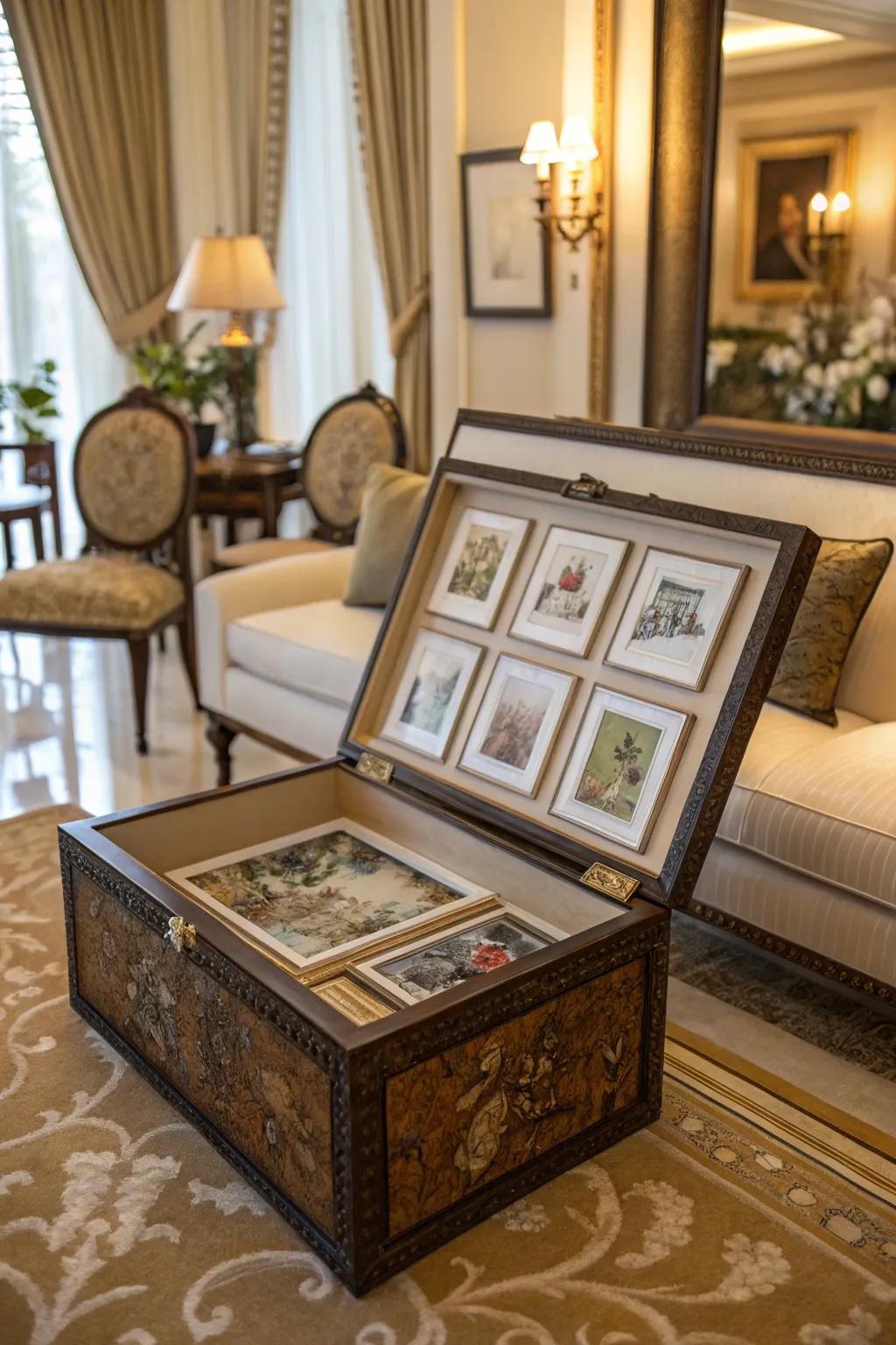 Art prints preserved and exhibited in a sophisticated ornamental container.