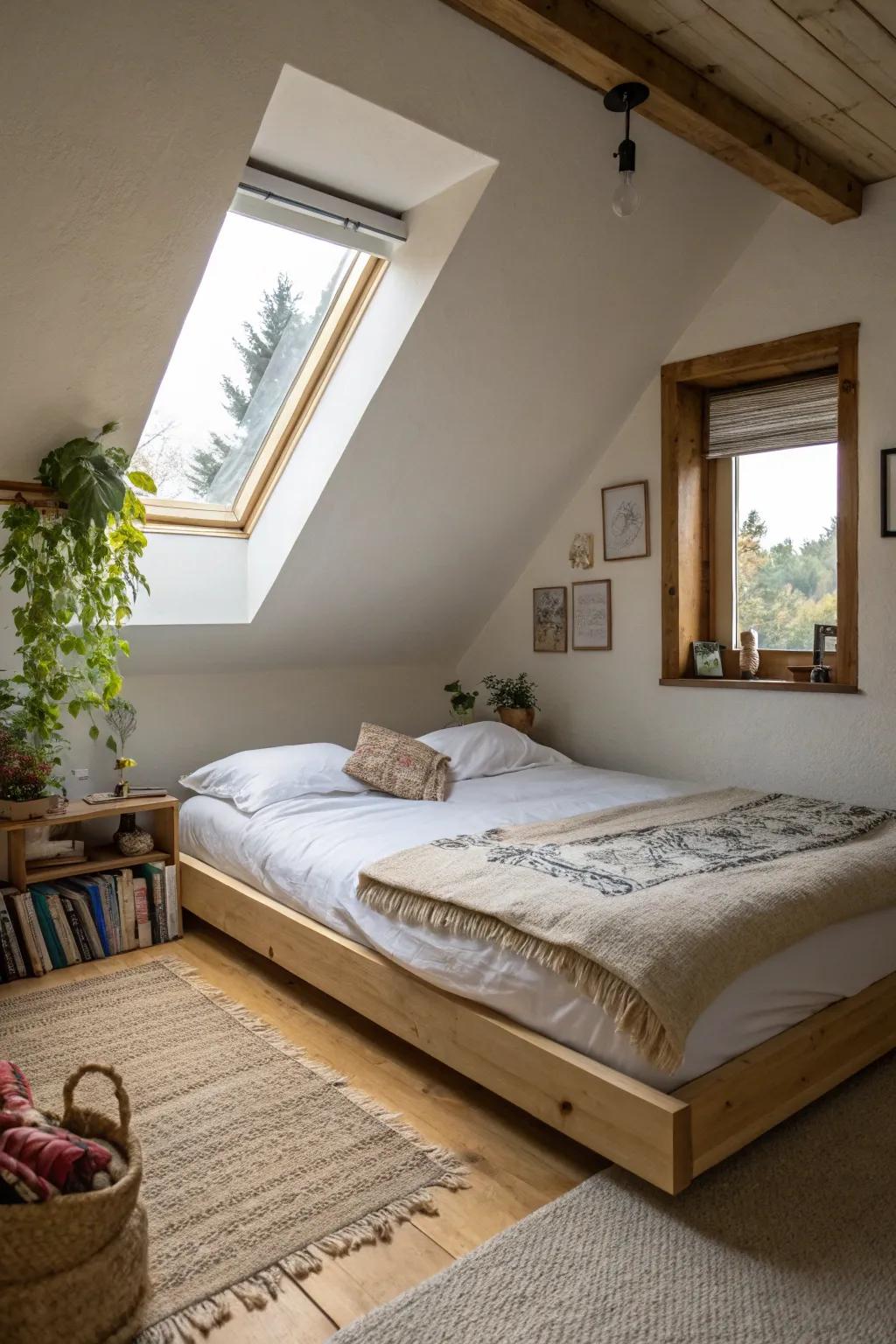 A low bed frame enhances the sense of space in your attic bedroom.