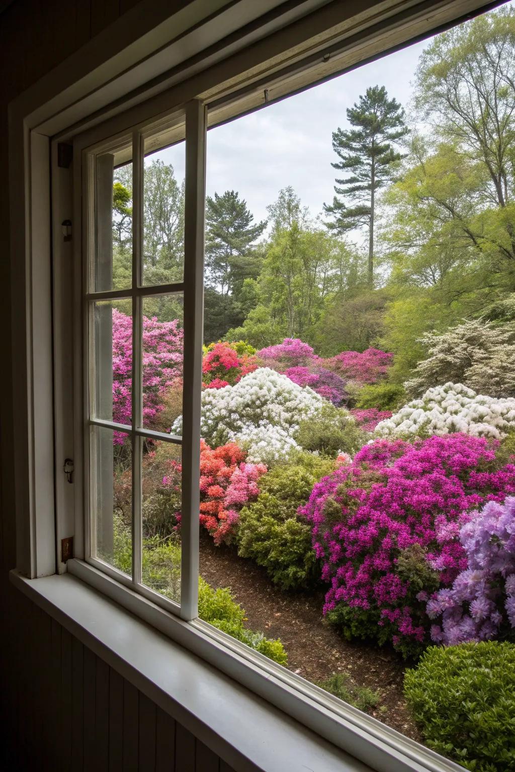 A window view elevated through the vibrant blooms of garden jewels.