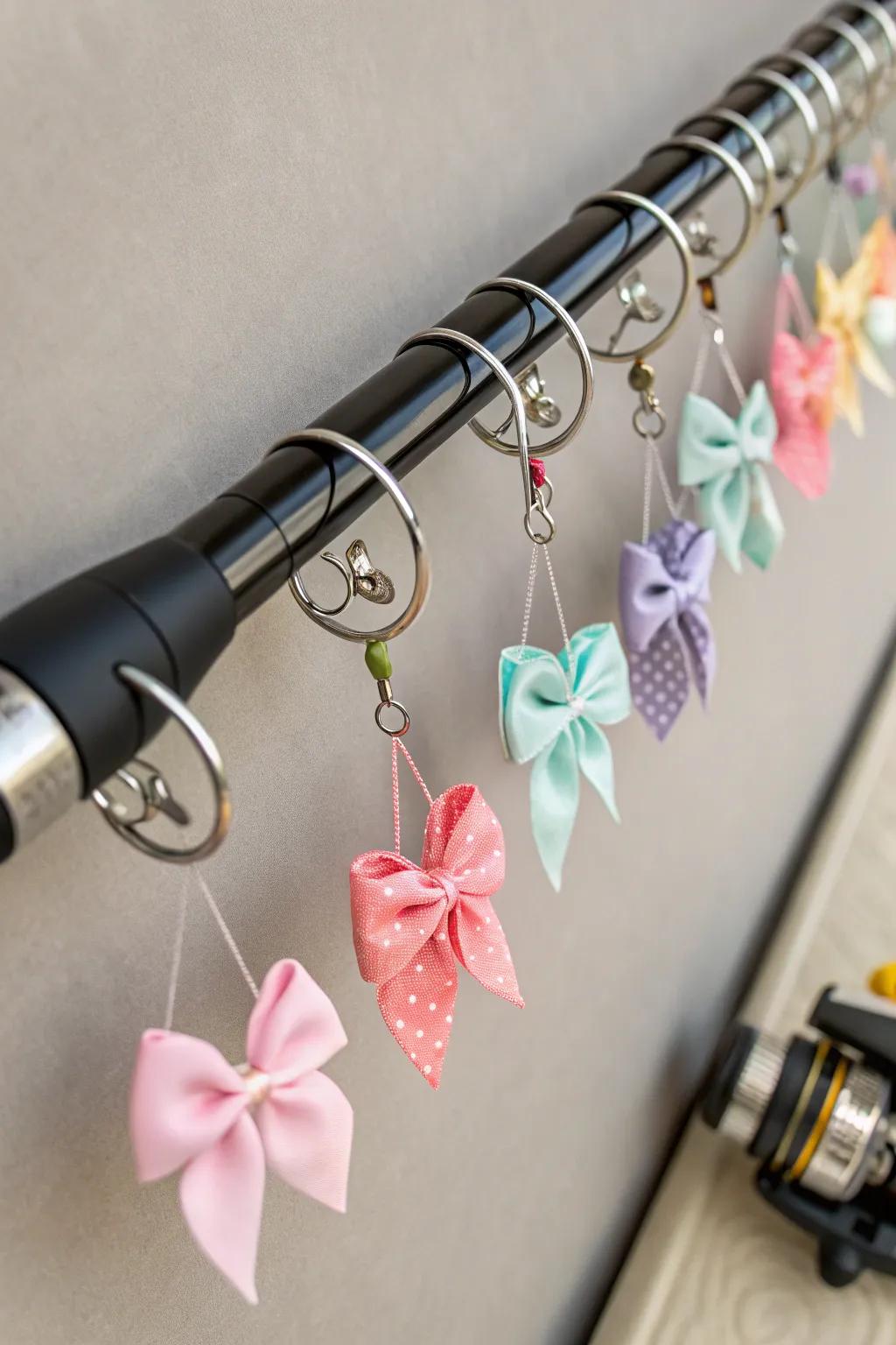 Adaptable rod and clip curtain system for storing baby bows.
