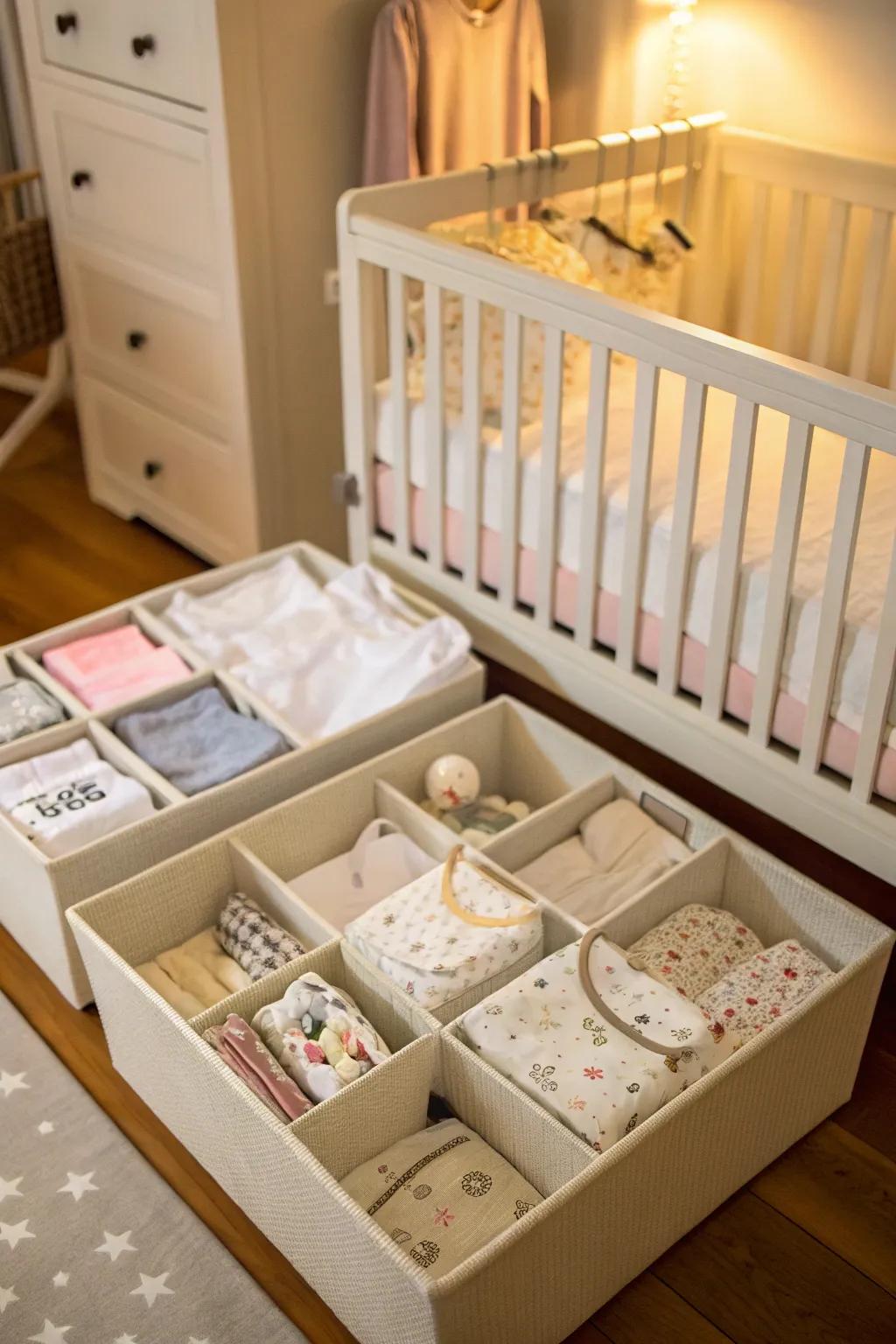 Under-crib storage makes the most of empty space for baby clothes.