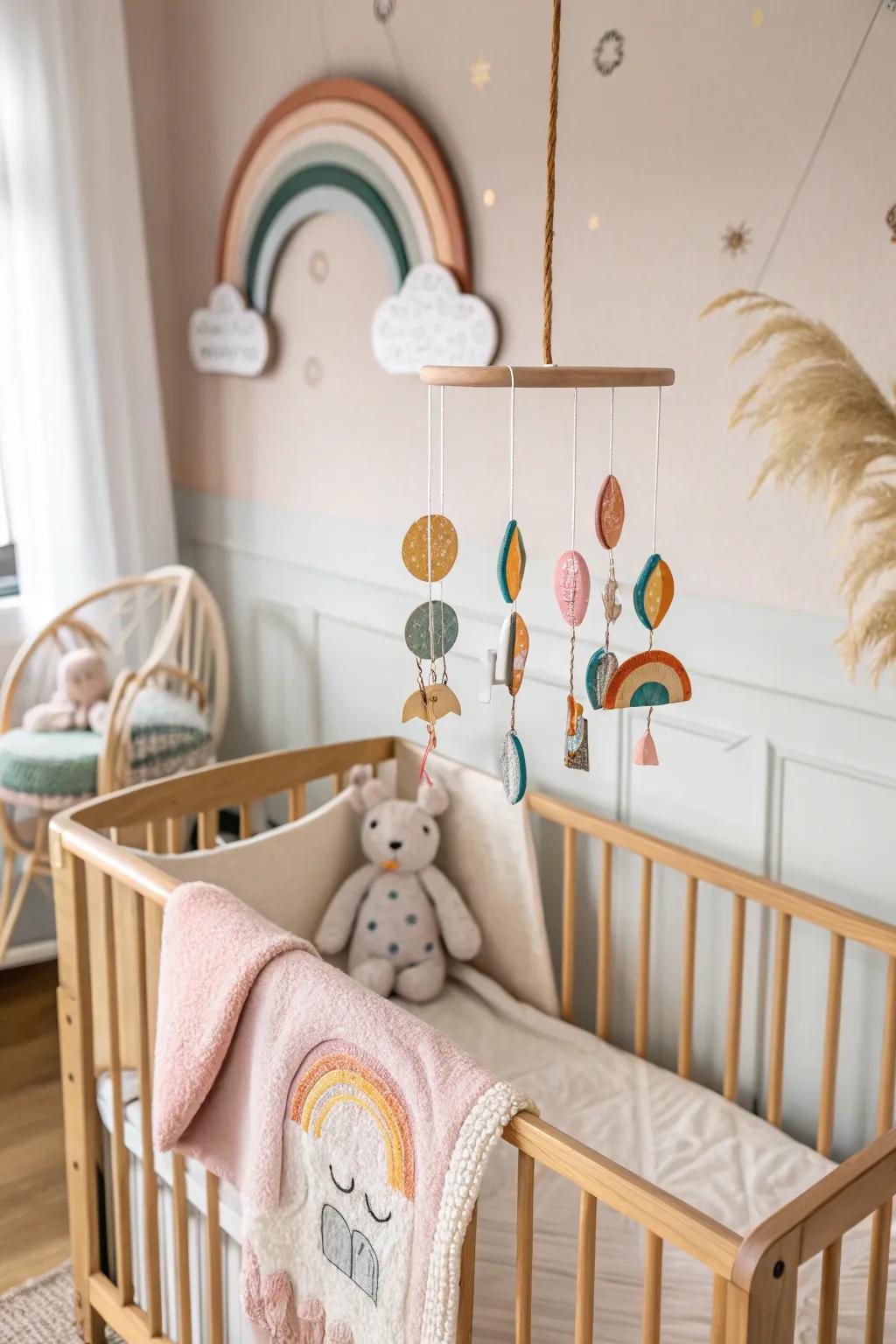 A mobile gives the baby corner a whimsical touch and keeps small children entertained.