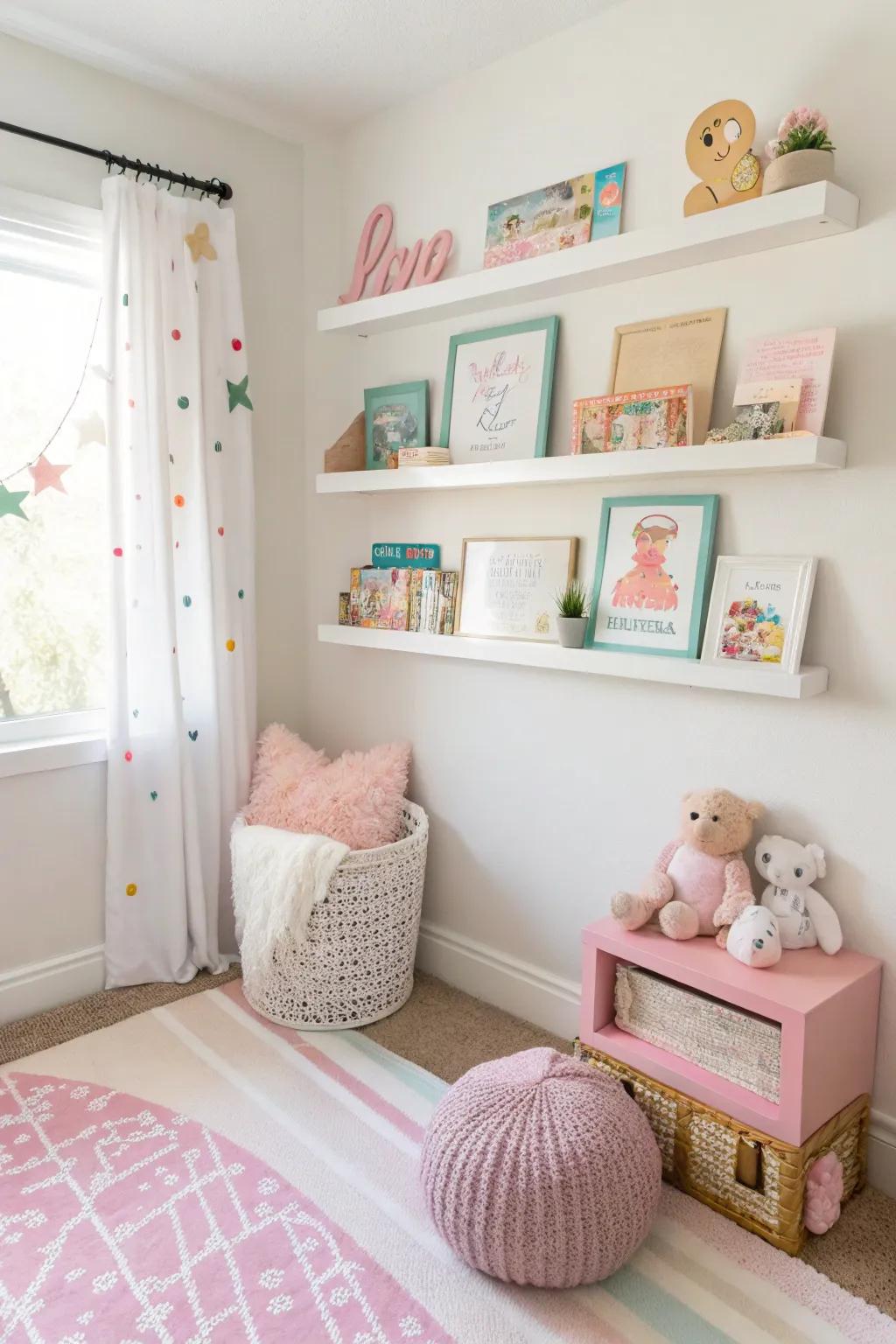Wall display shelves offer stylish and practical storage.