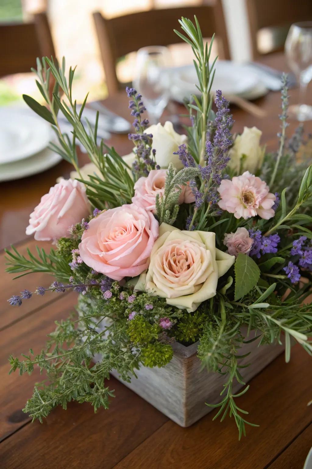 A fragrant centerpiece incorporating leaves and blossoms