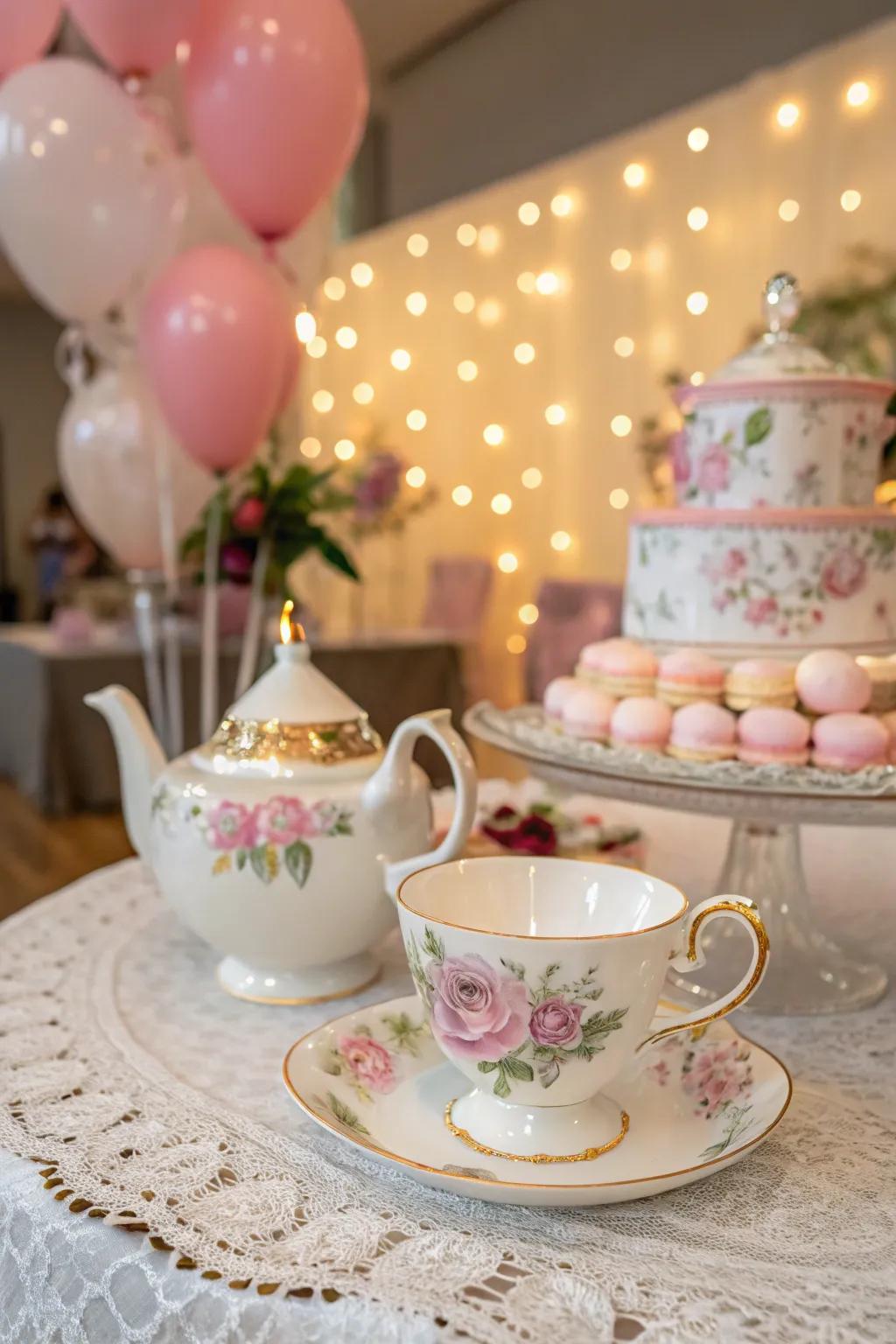 A tea set centerpiece brings timeless grace and charm.