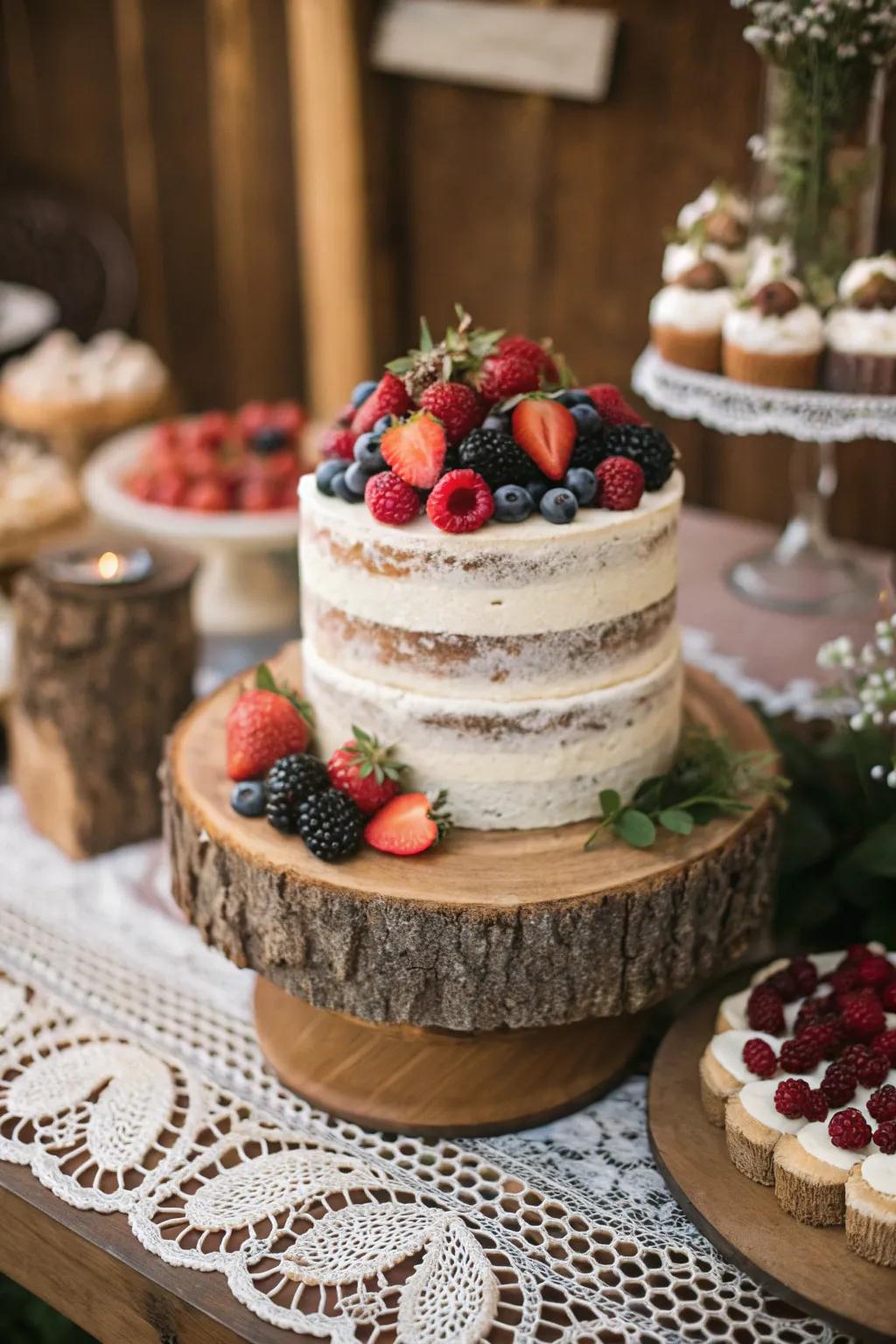 A naturally styled uncovered cake adorned with fresh berries.