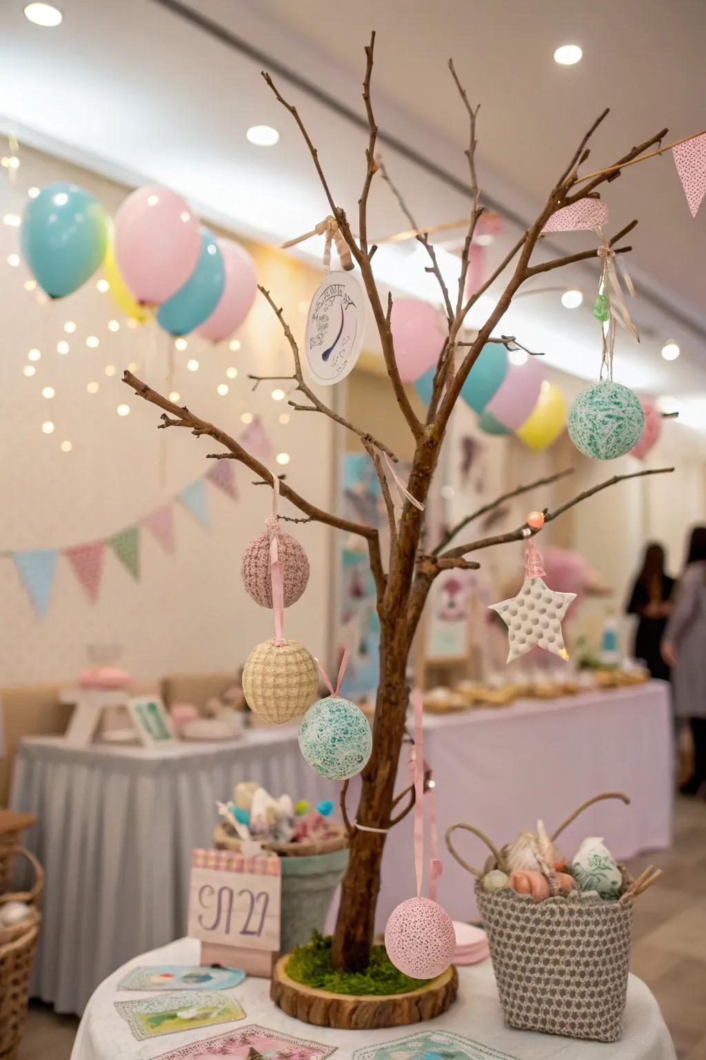 A DIY crafting tree showcasing handmade ornaments.