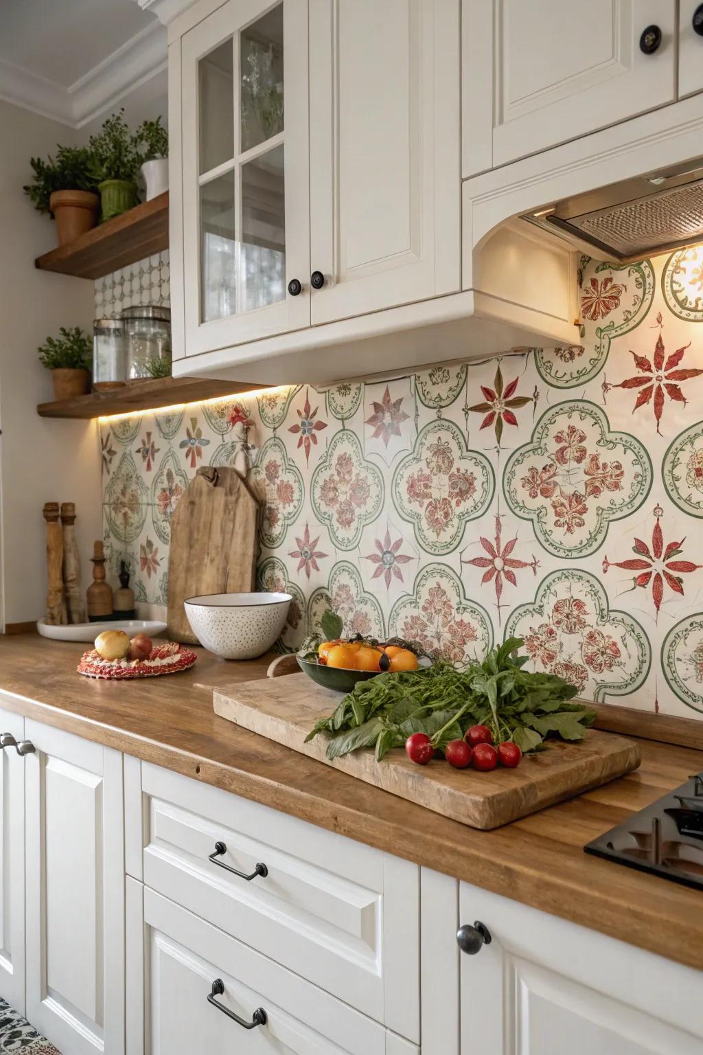 Invite garden charm through floral patterned tiles.