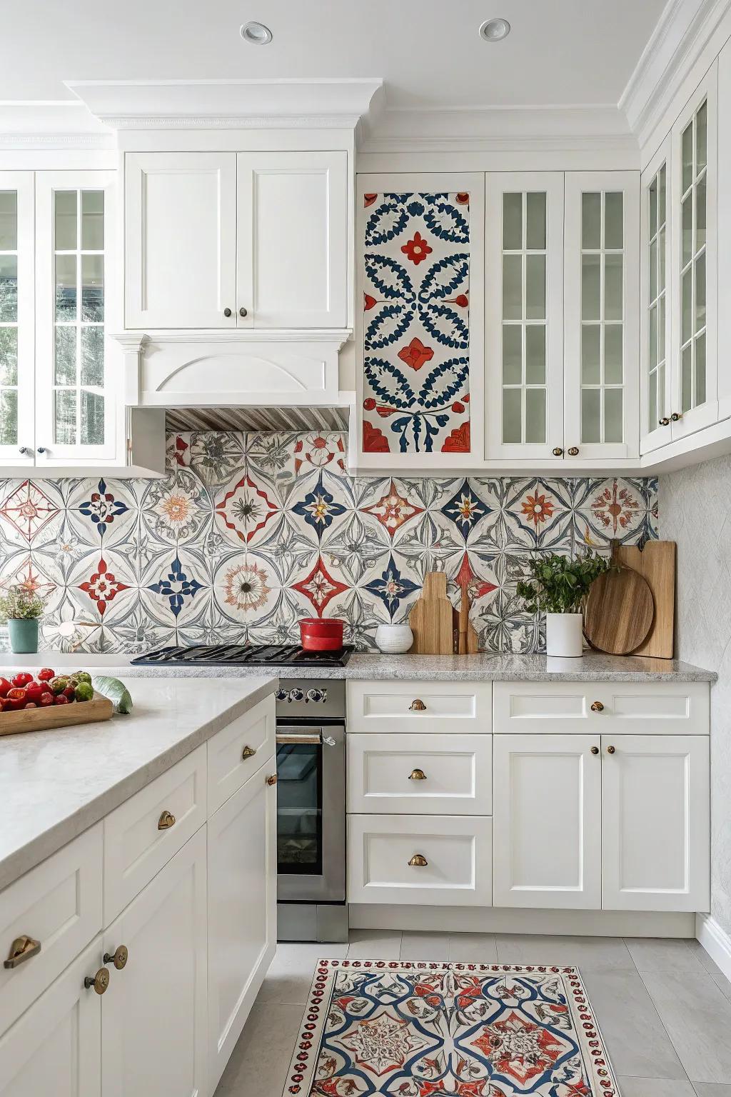 Bold patterns make the backsplash a focal point in this white kitchen.