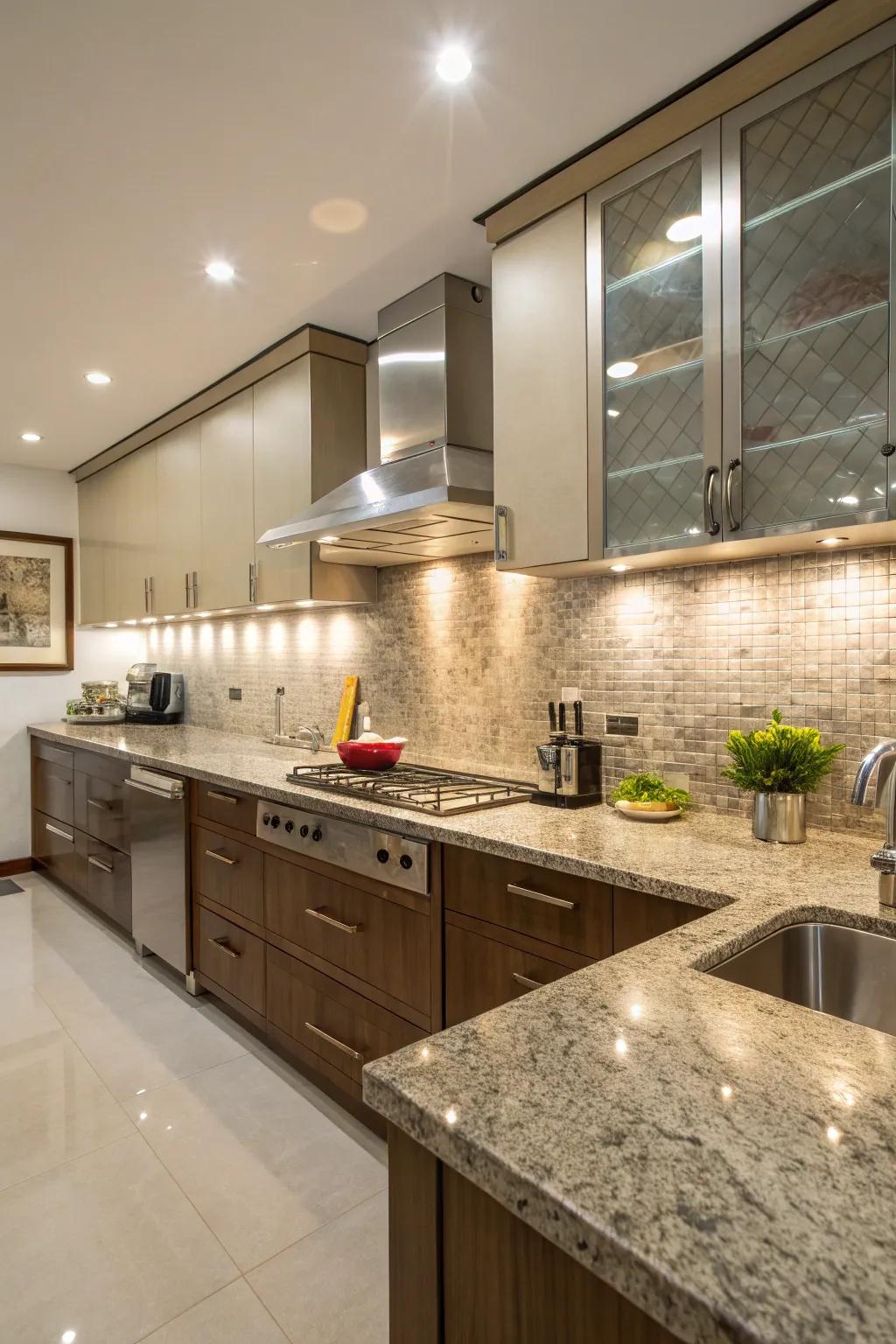 Stainless steel and granite combine to create an industrial chic appearance.