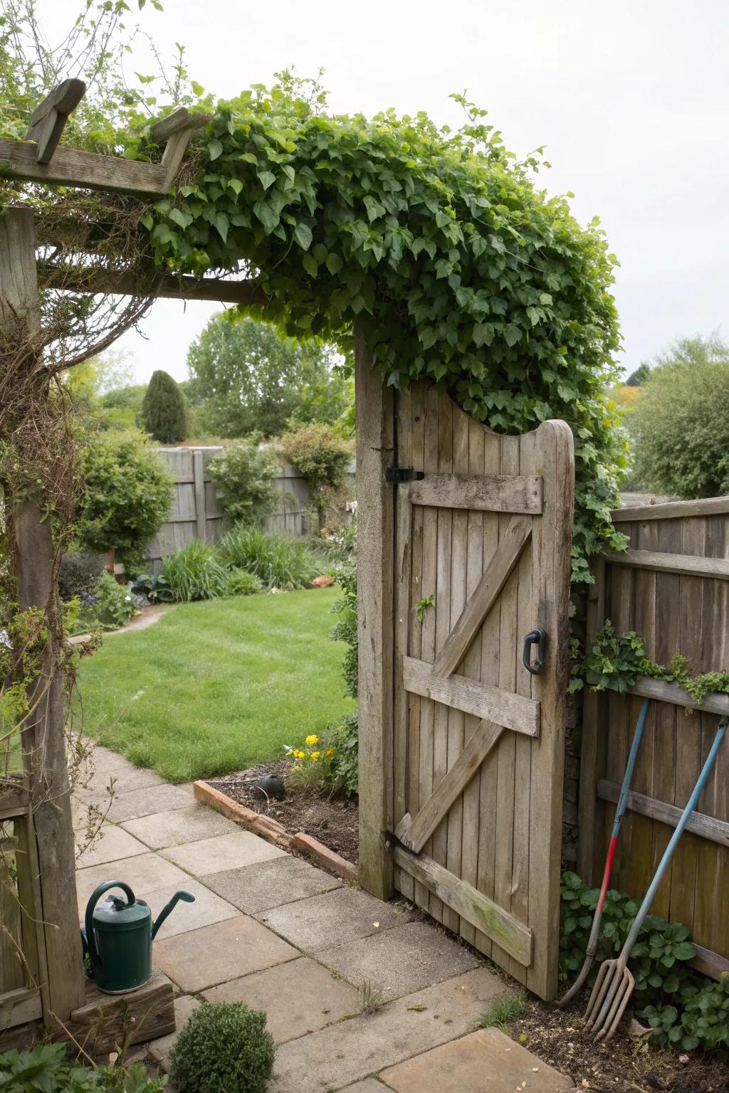 A secret garden gate introduces mystery and allure.