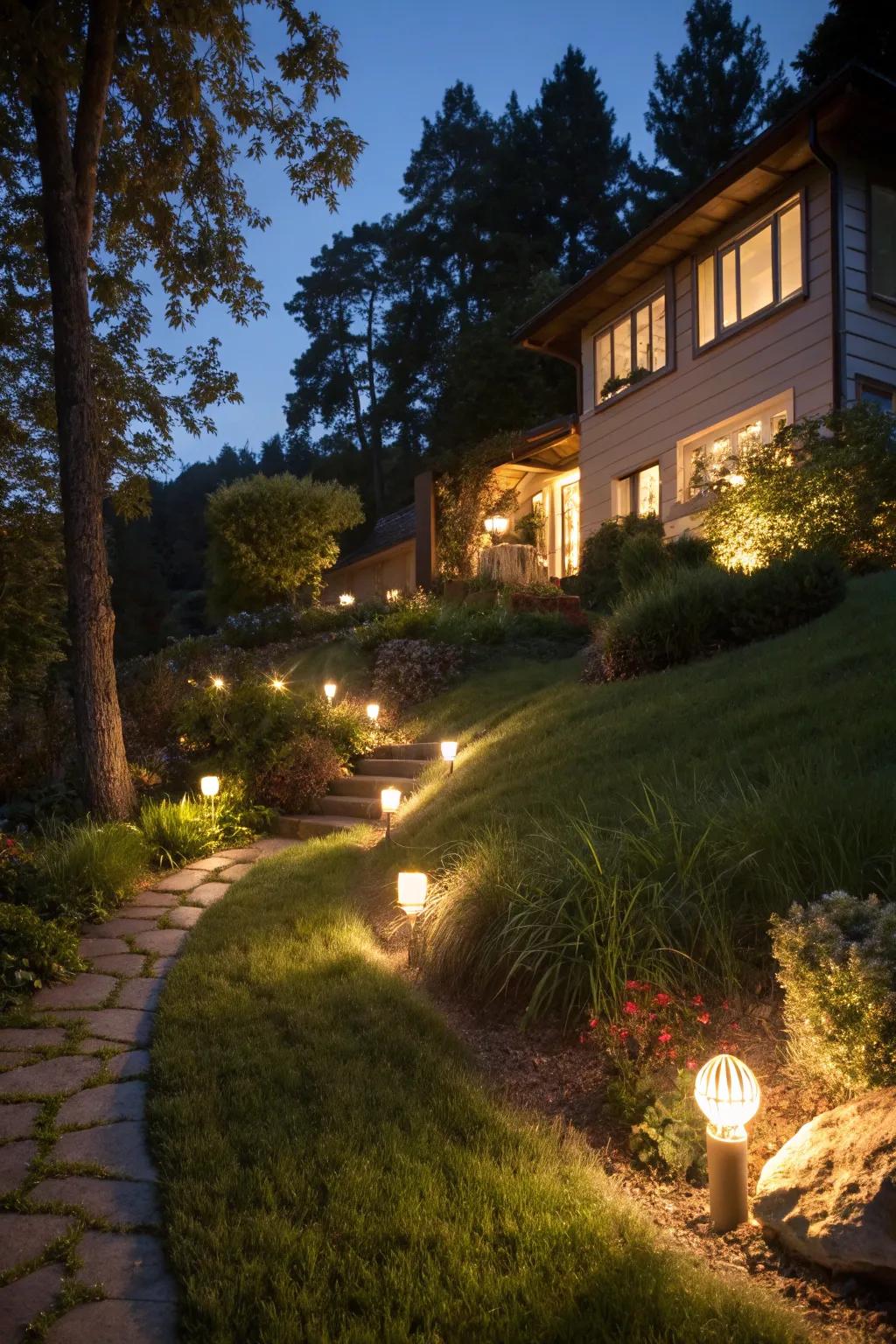 Charming lighting brings your hill to life as night falls.
