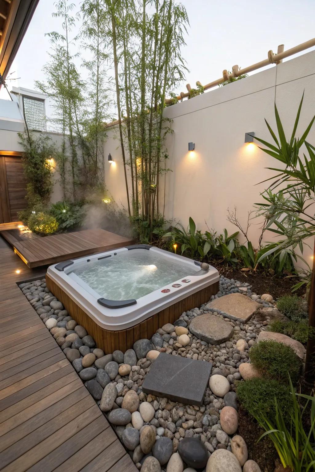 A contemplative garden infuses peace and reflective beauty into your hot tub area.