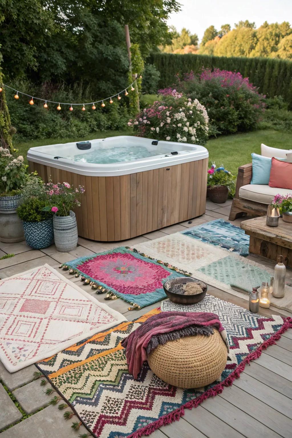 Open-air mats and pads create a cozy and inviting private hot tub area.