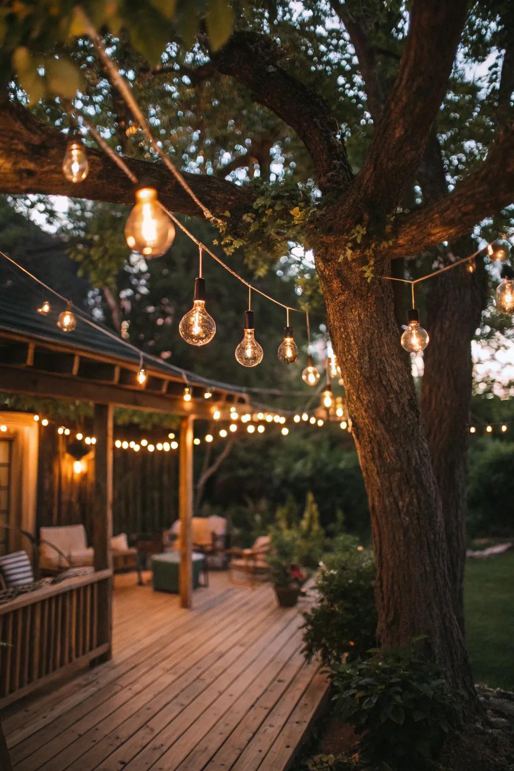 Hanging fairy lights contribute a whimsical surprise to your backyard.