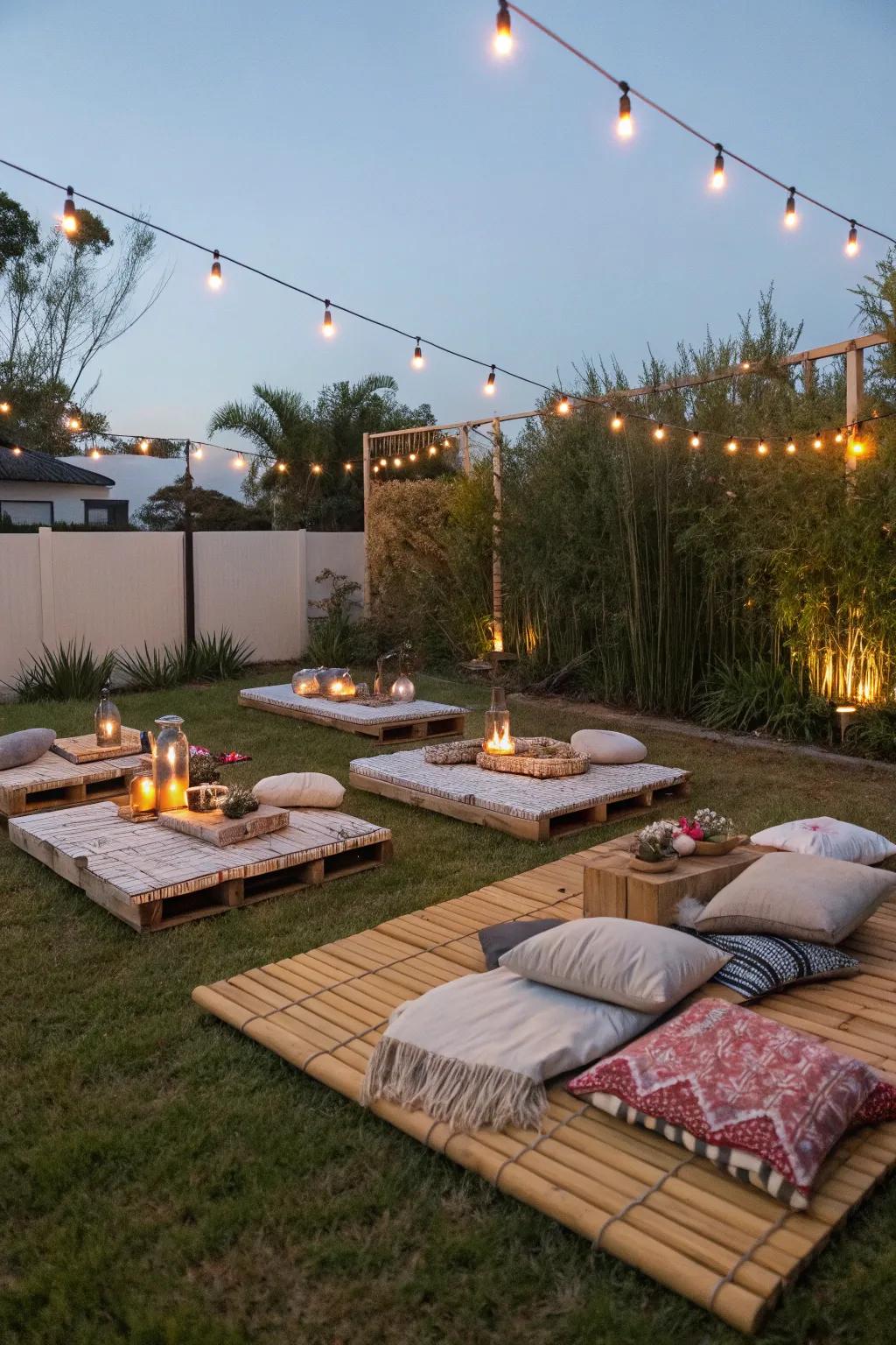 Bamboo mats create a serene and earthy seating arrangement.