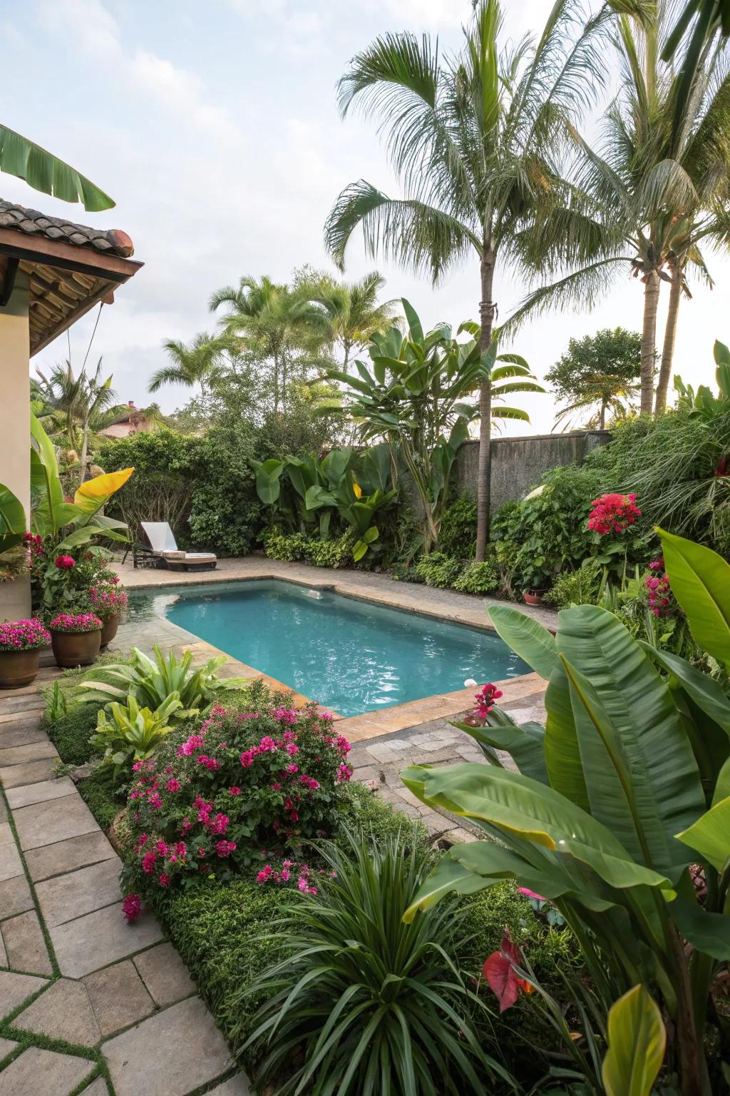 A tropical paradise pool design featuring lush greenery.