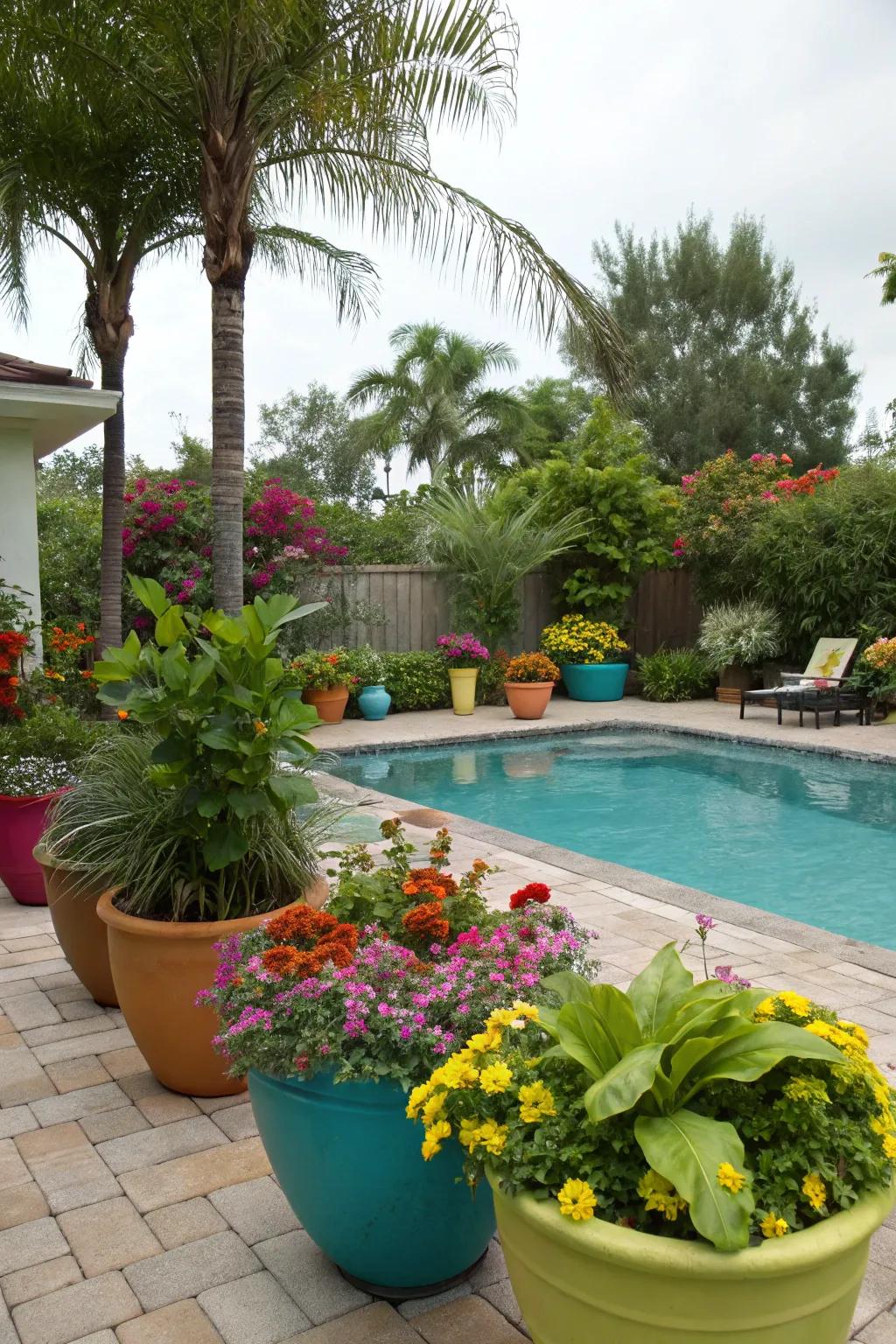 A lush poolside zone adorned through vibrant soil beds.