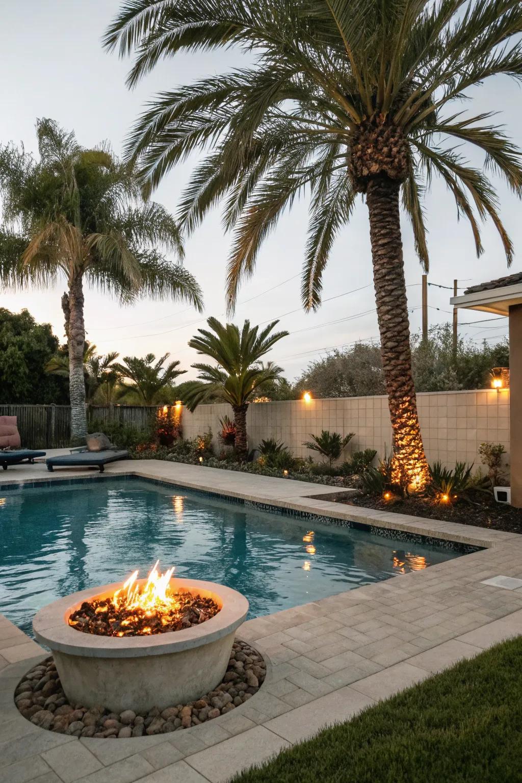 A fire pit crafts a snug evening gathering location in a tropical arrangement.