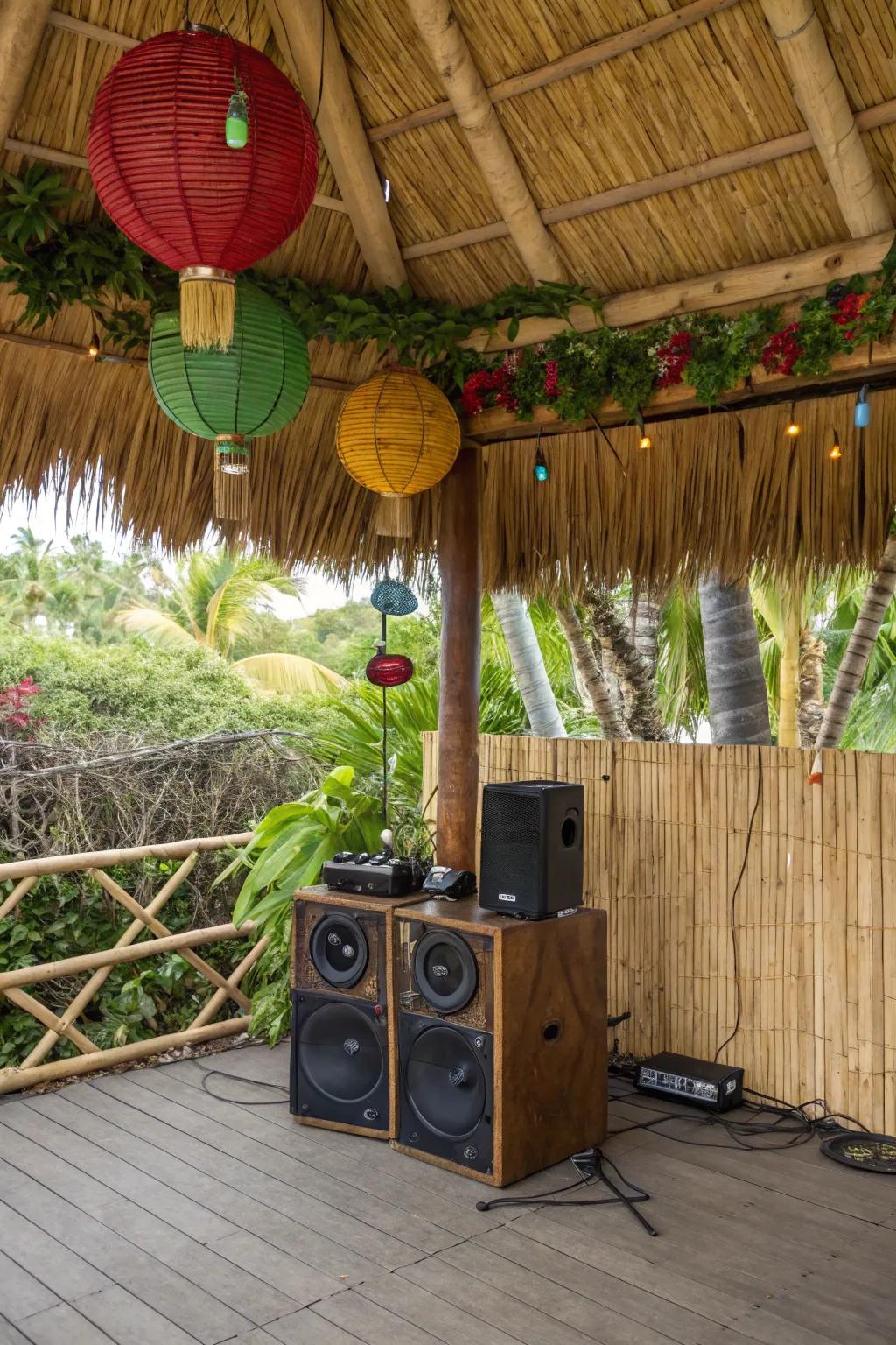 Music completes the ambiance of your backyard tiki paradise.
