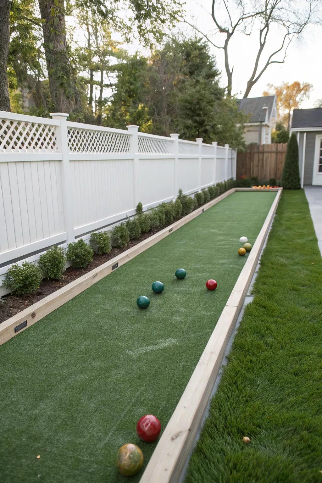 An entertaining bocce ball pitch for garden recreation.