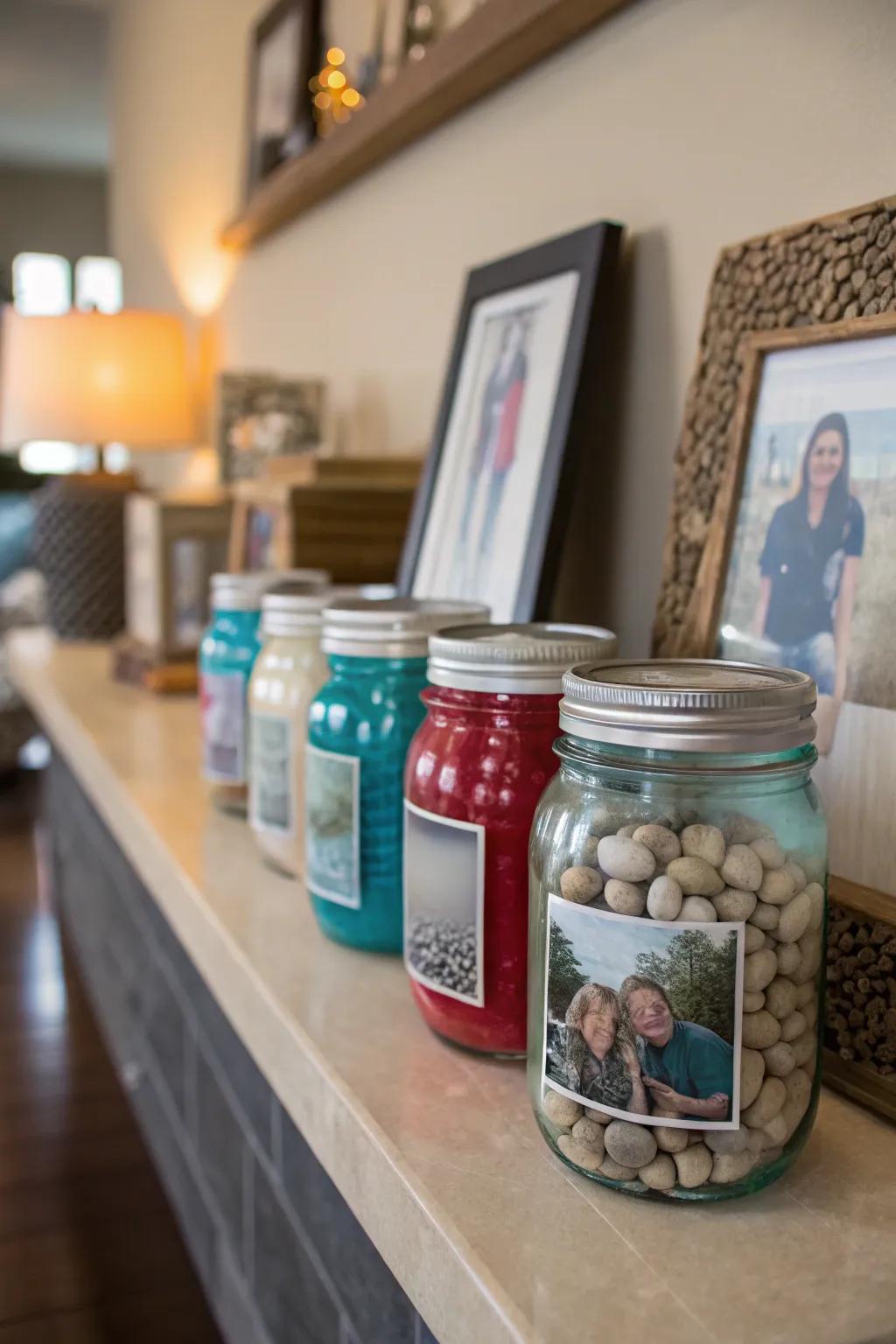 Creative photo displays using ball jars showcase cherished memories.