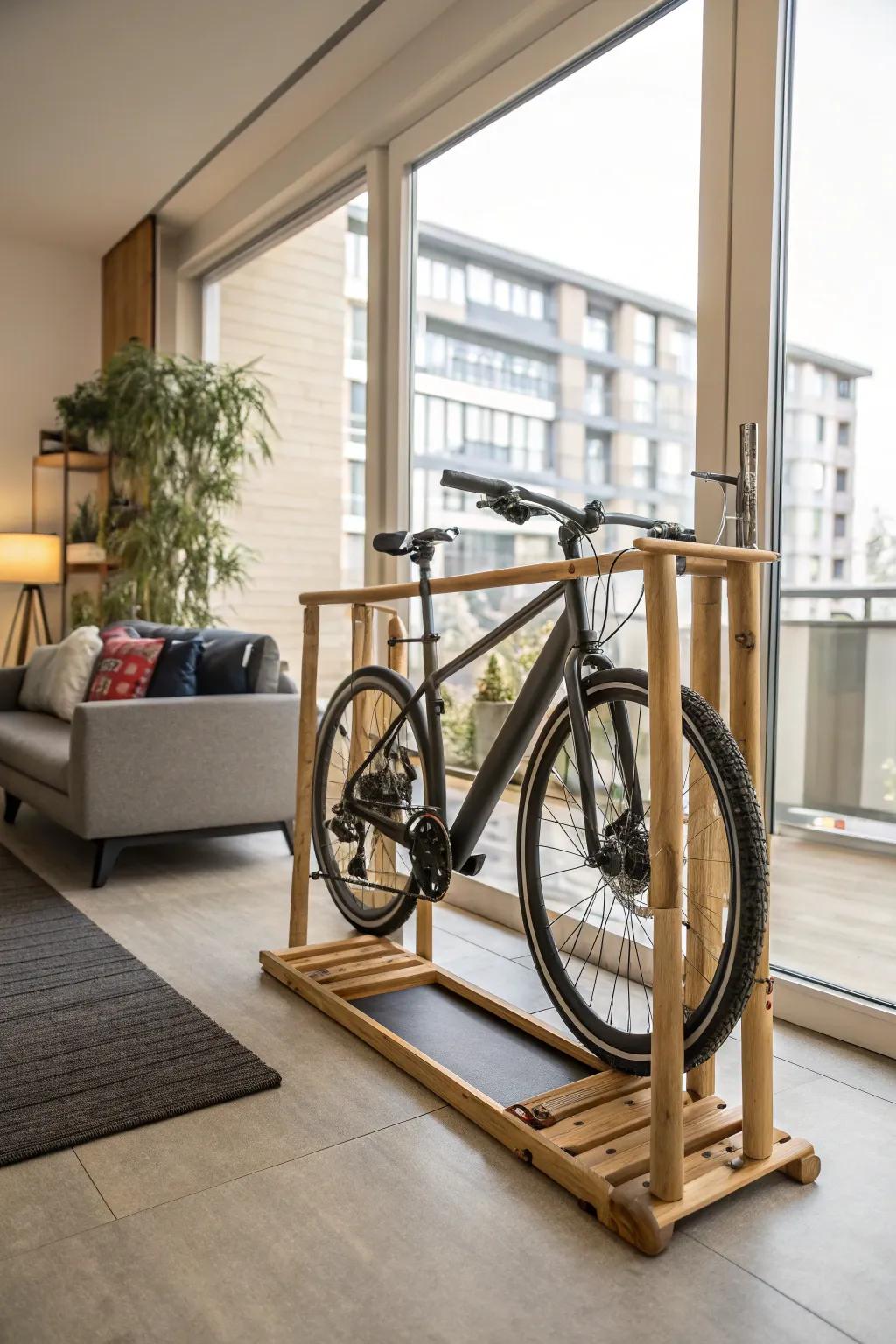A bamboo cycle stand showcased in a modern apartment
