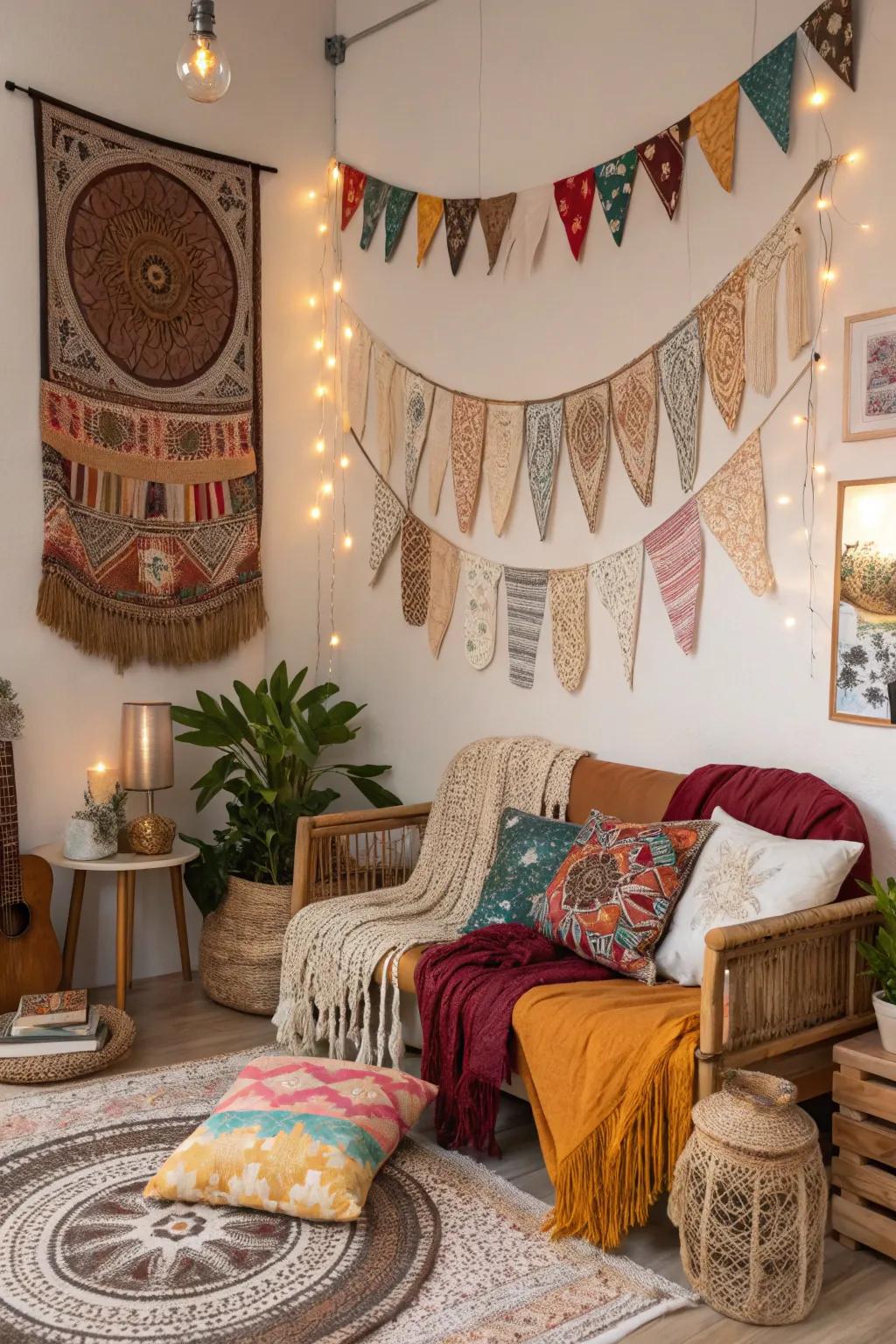 Eclectic banners create a free-spirited bohemian setting.