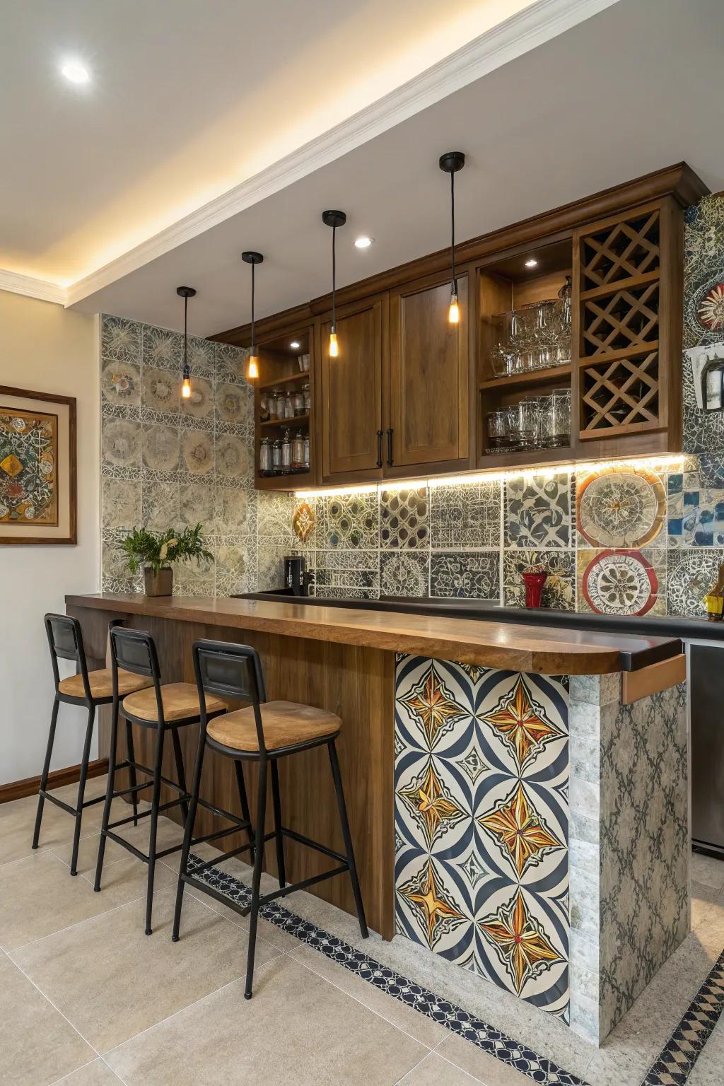 A home bar featuring a striking arranged tile backsplash in an artistic design.