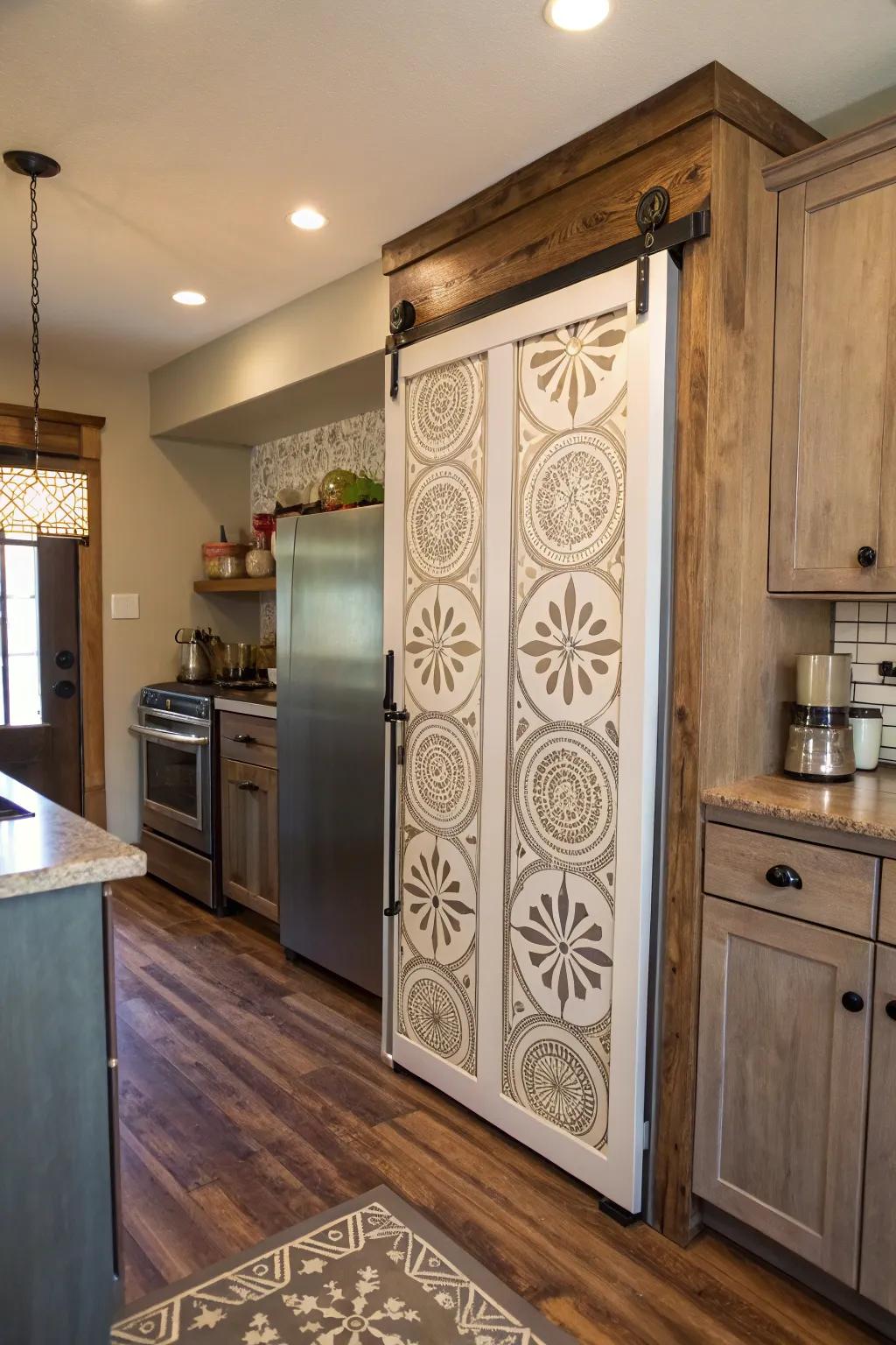 A kitchen that presents a sliding barn door pantry embellished with outlined patterns.