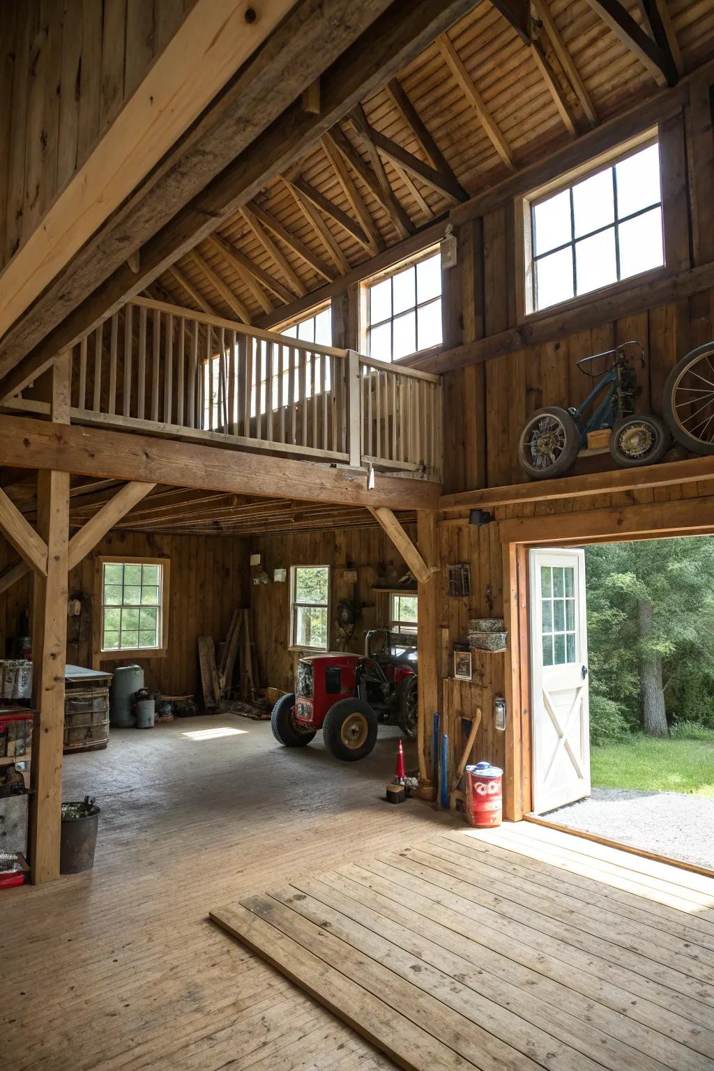 A loft makes the most of space in this barn garage, for stuff or living.