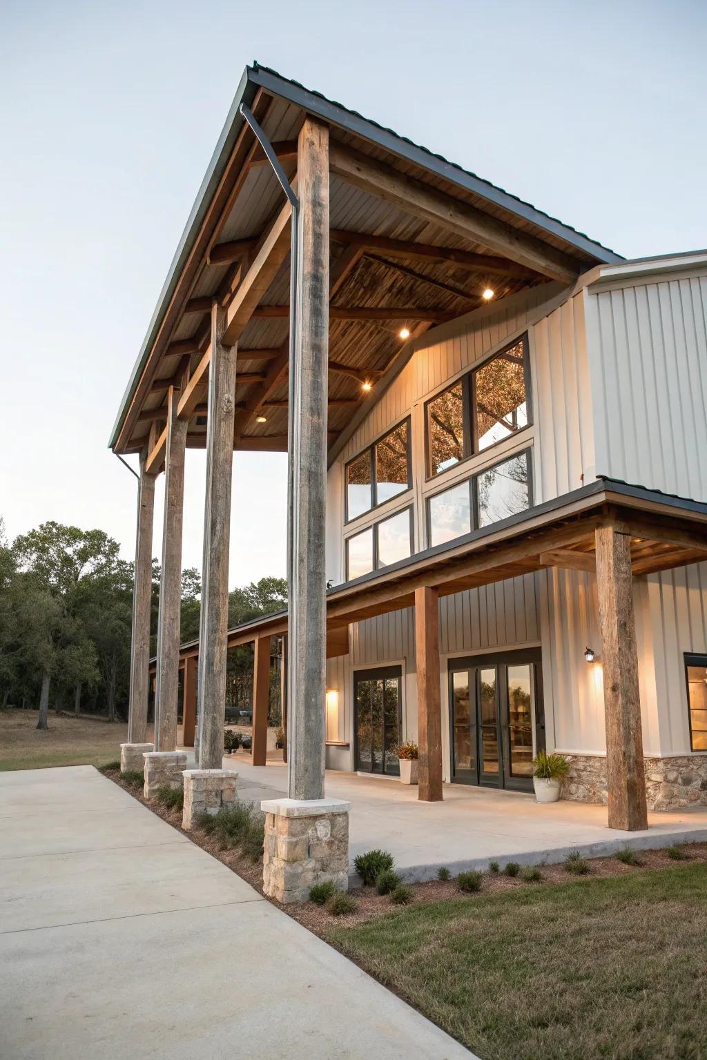Exposed beam columns add rustic charm and structural elegance.
