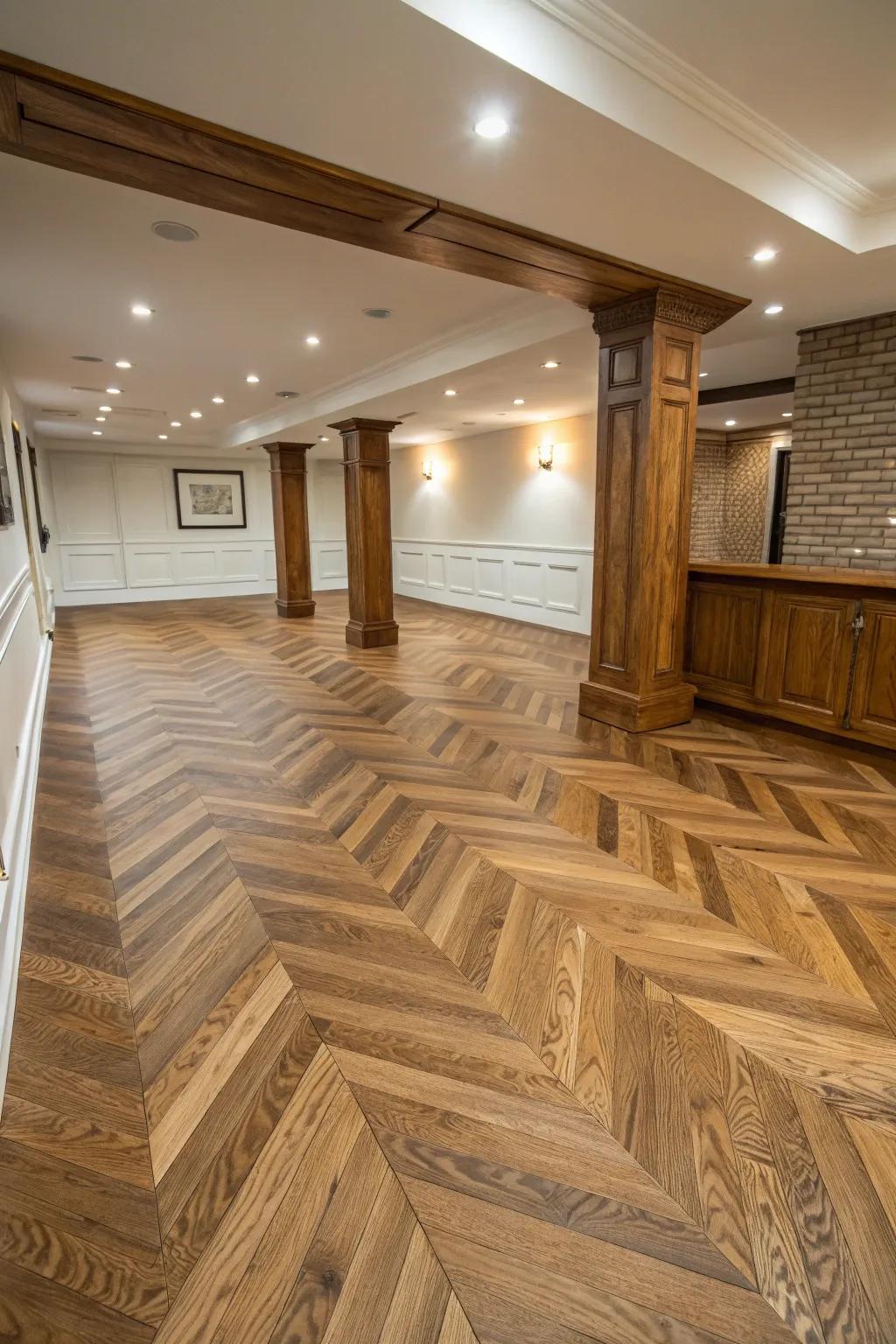 Angled oak flooring adds dynamic elegance to your basement.