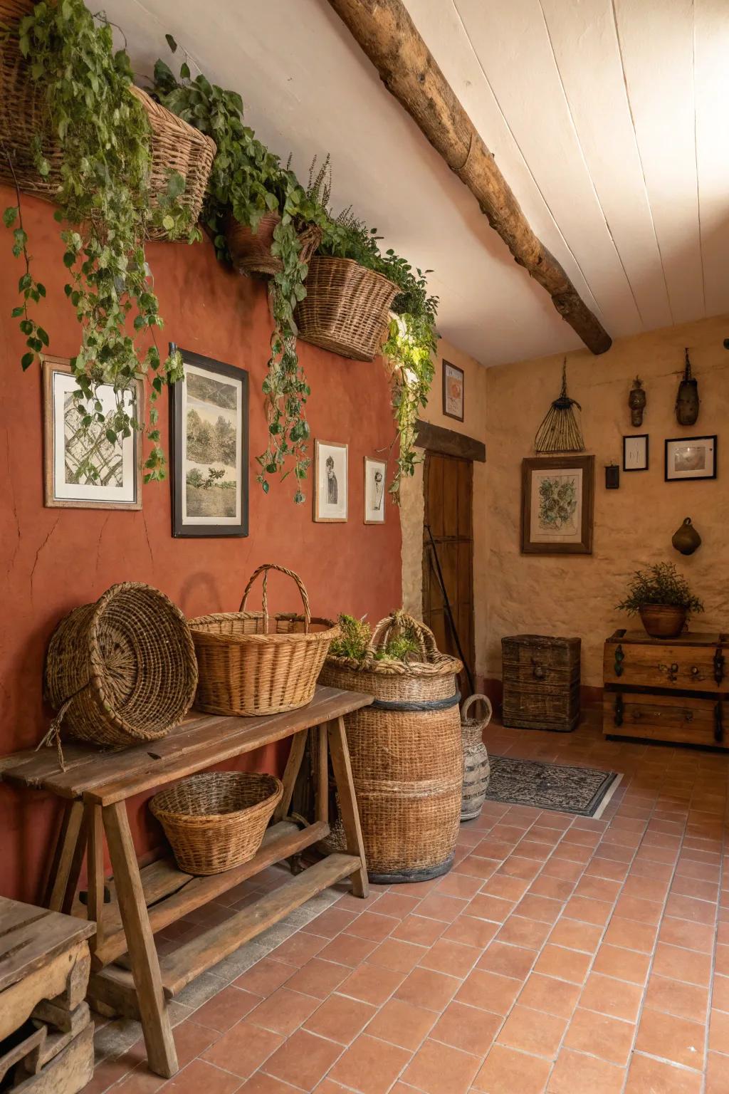 Walls of clay add nature-inspired warmth to this inviting lower level.