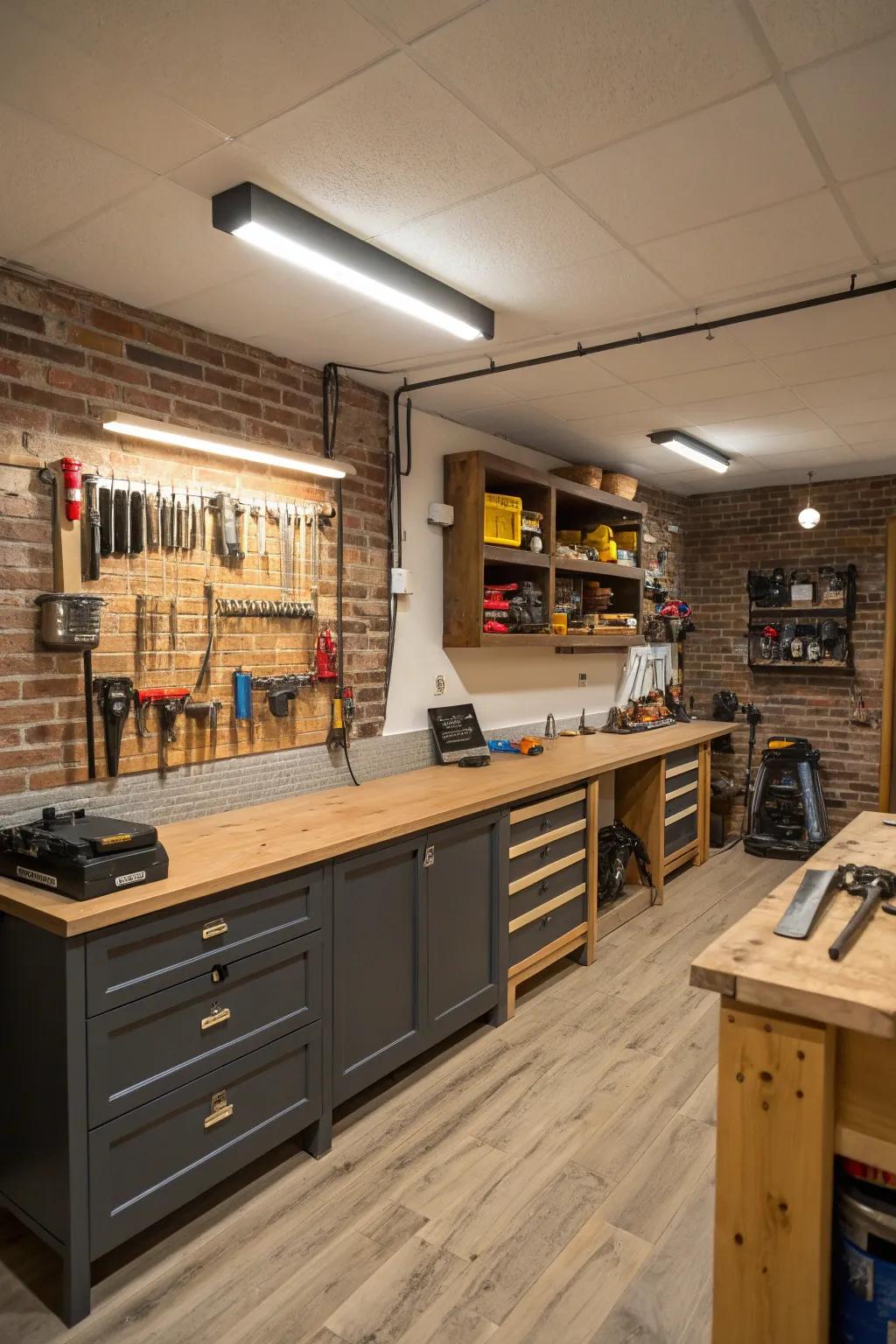 A functional basement workshop with ample counter space and tool storage.