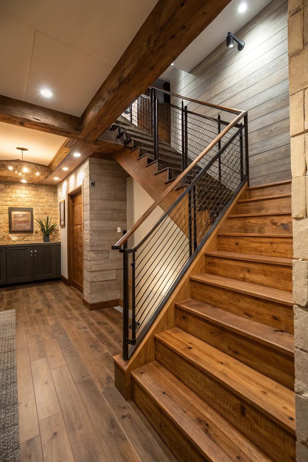 A fusion of wood and metal creates a harmonious and stylish stairway.
