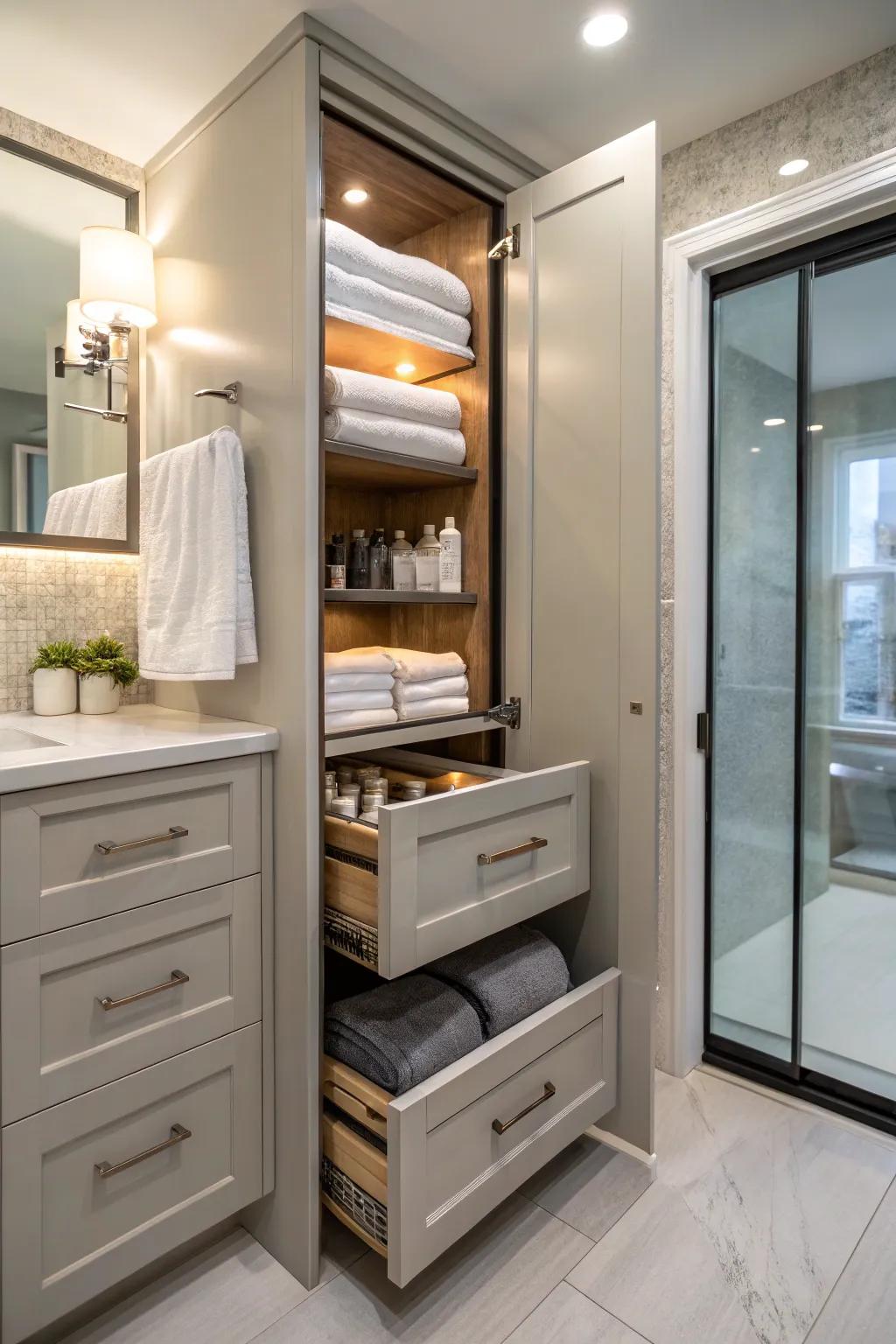 Slide-out cabinets offer straightforward access and organization.