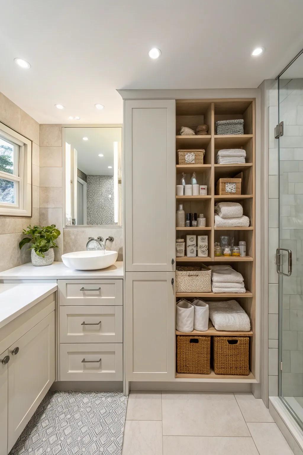 A bathroom with clever hidden storage solutions, maintaining a clean and organized appearance.