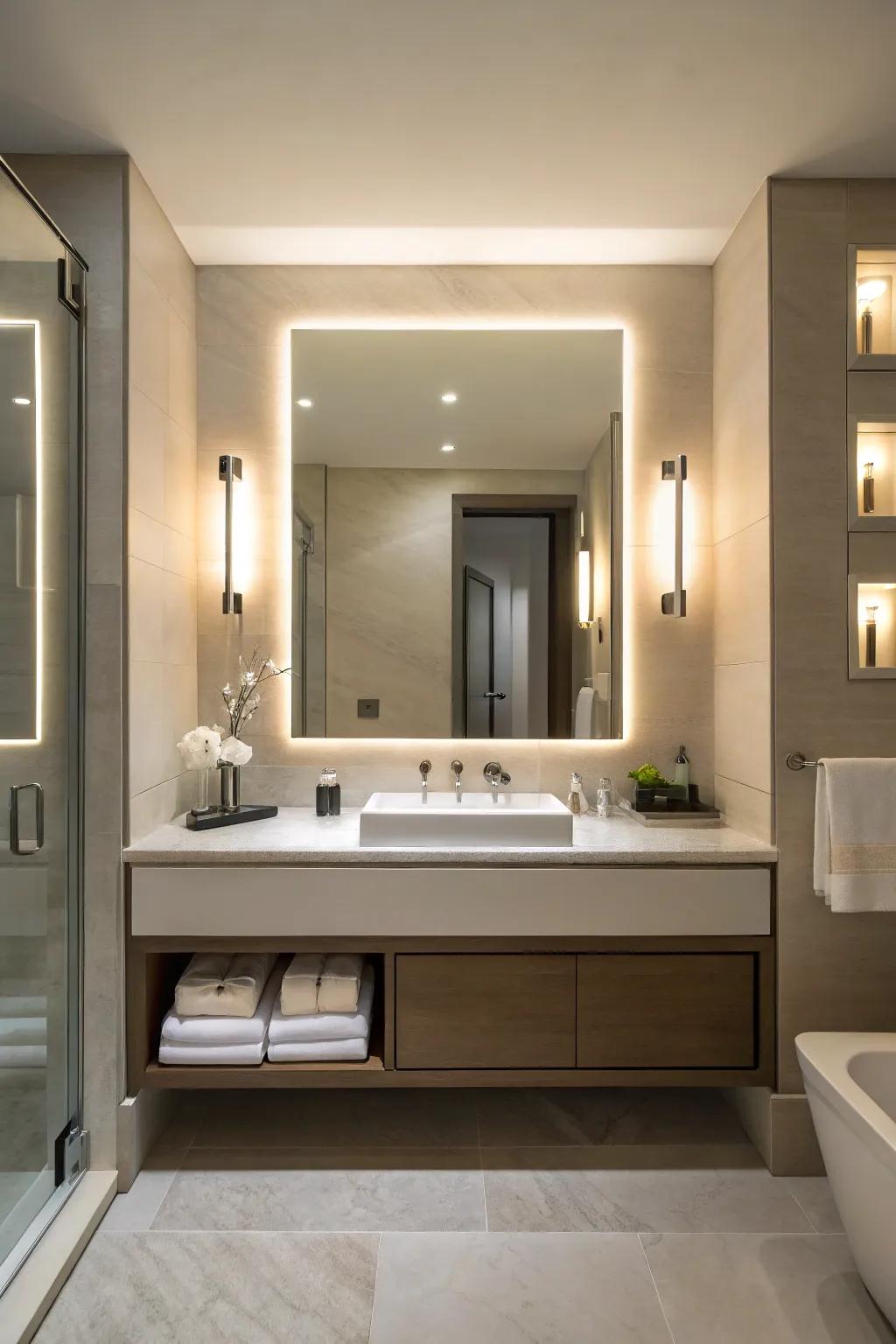 Backlit mirrors with sconces offer polished, contemporary lighting solutions.