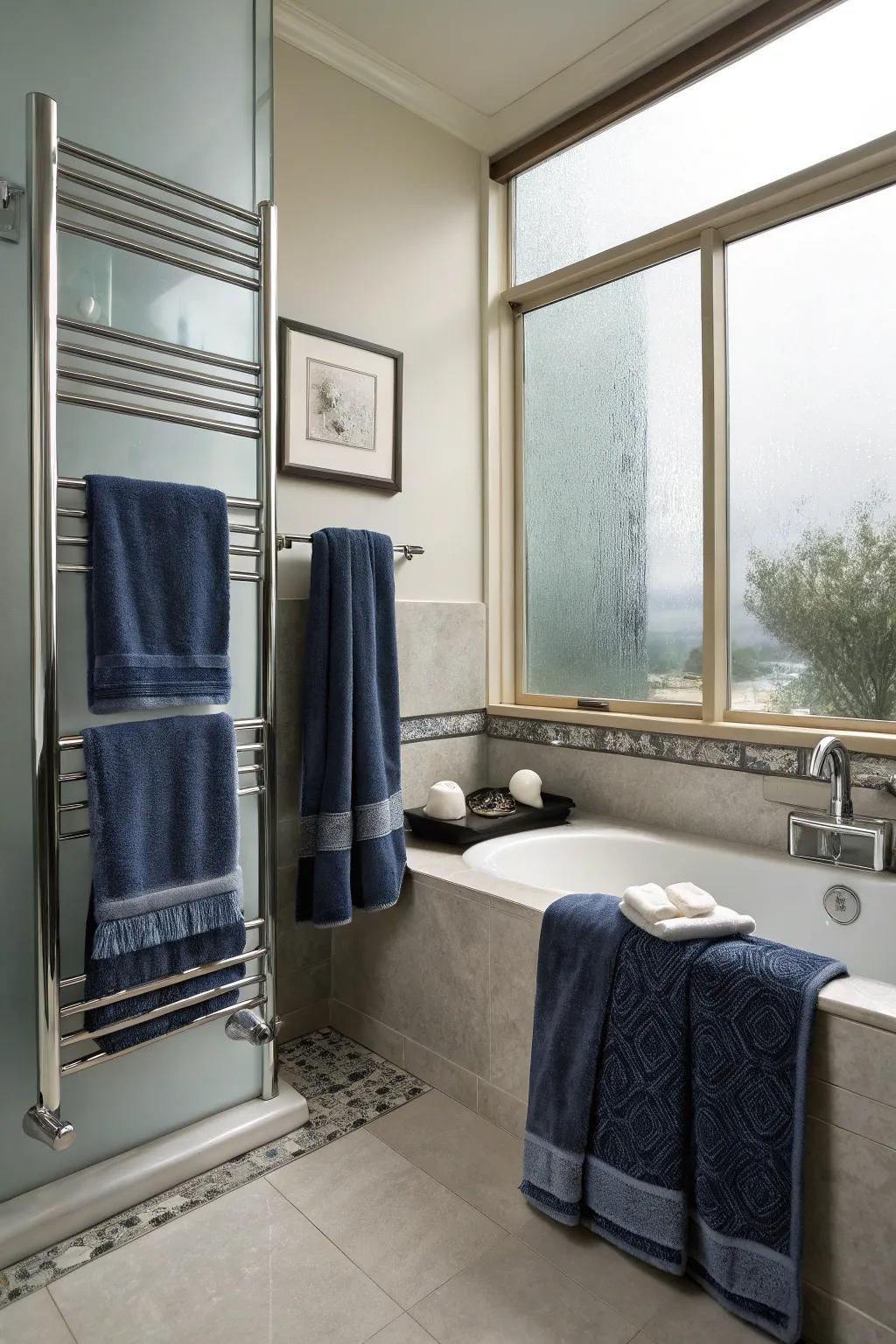 Midnight and chrome towels fashion a serene spa-like ambiance.