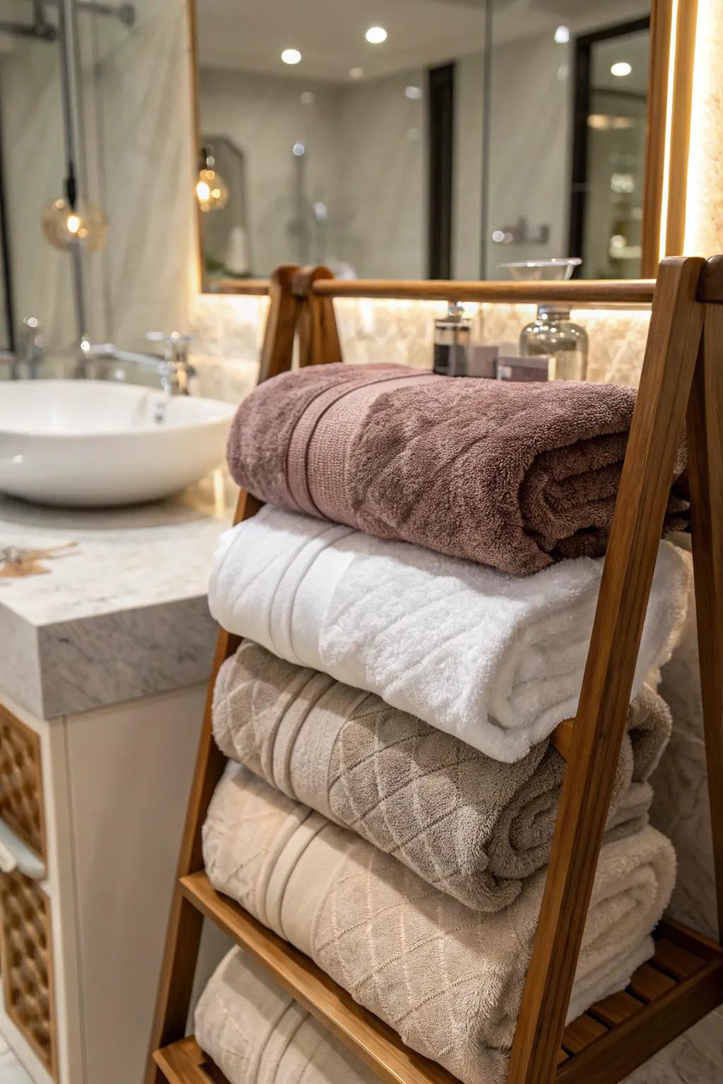 Intrigue with opulent textures for a stylish towel display.