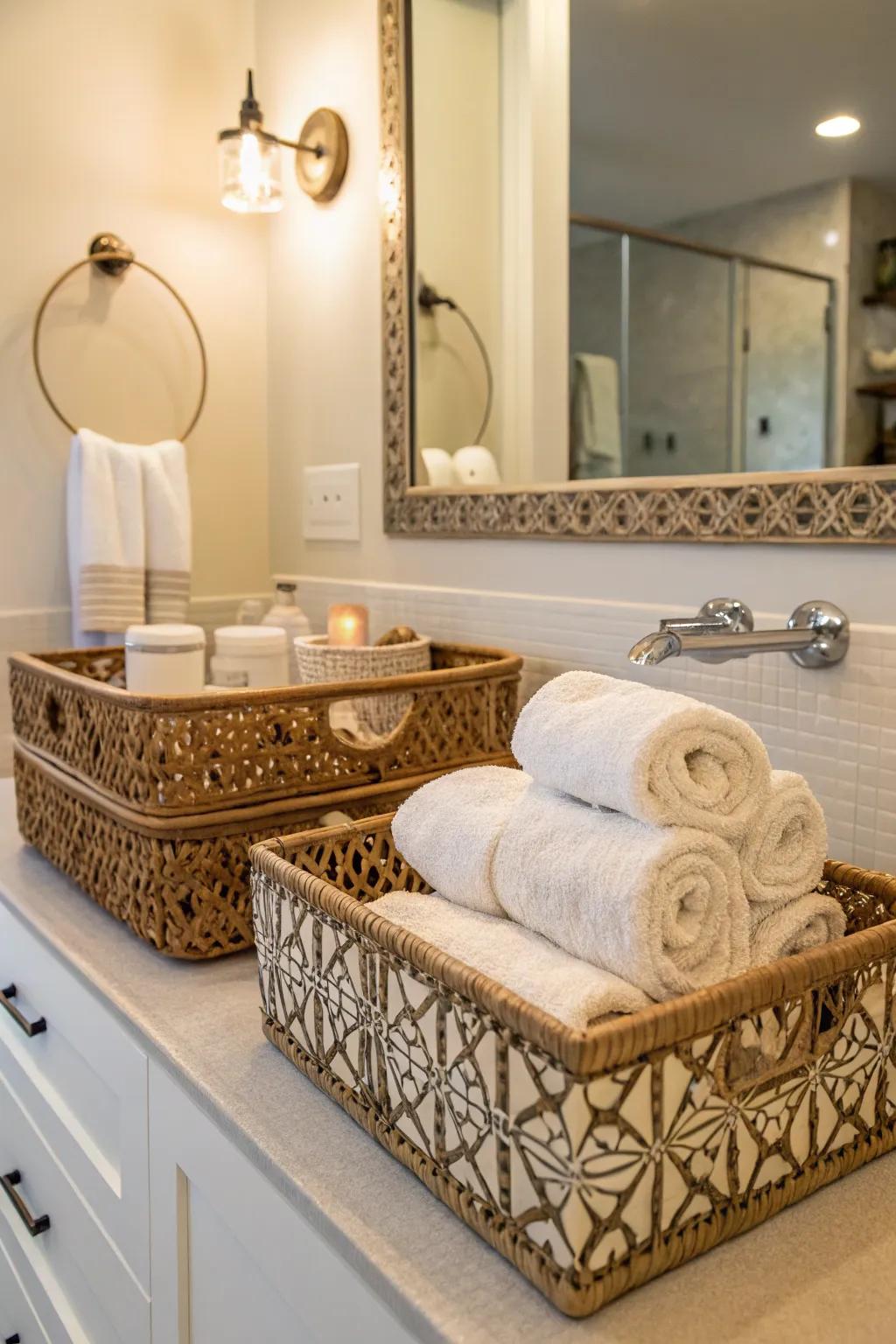 Ornamental baskets for fashionable towel storage.