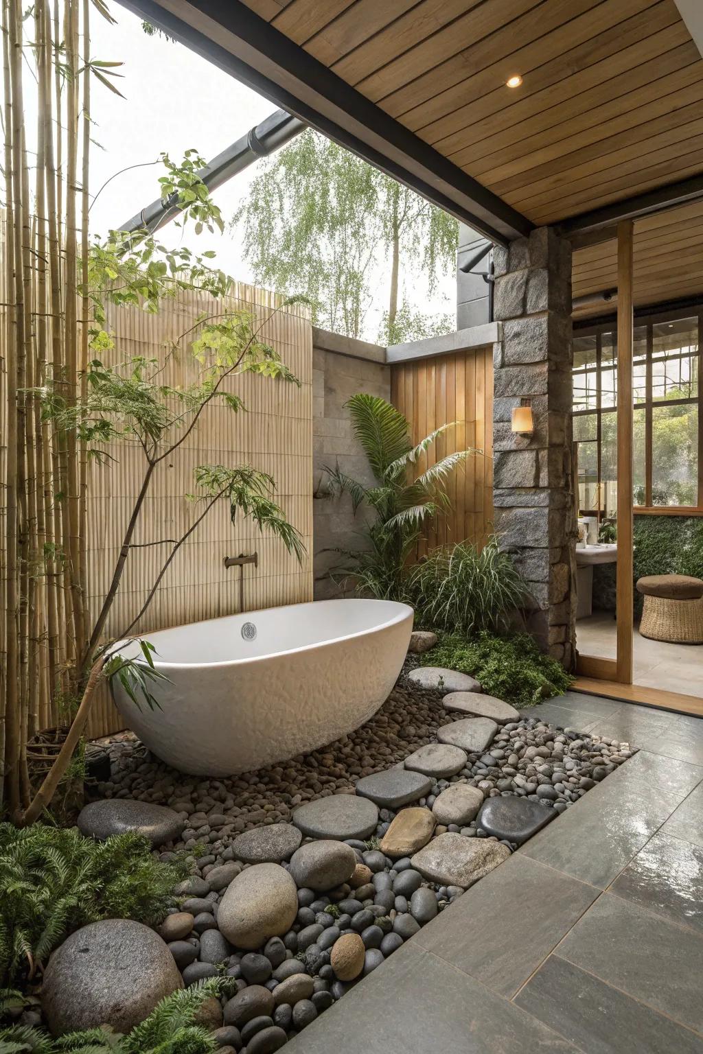 A zen sanctuary exhibiting calming aspects encircling the tub.