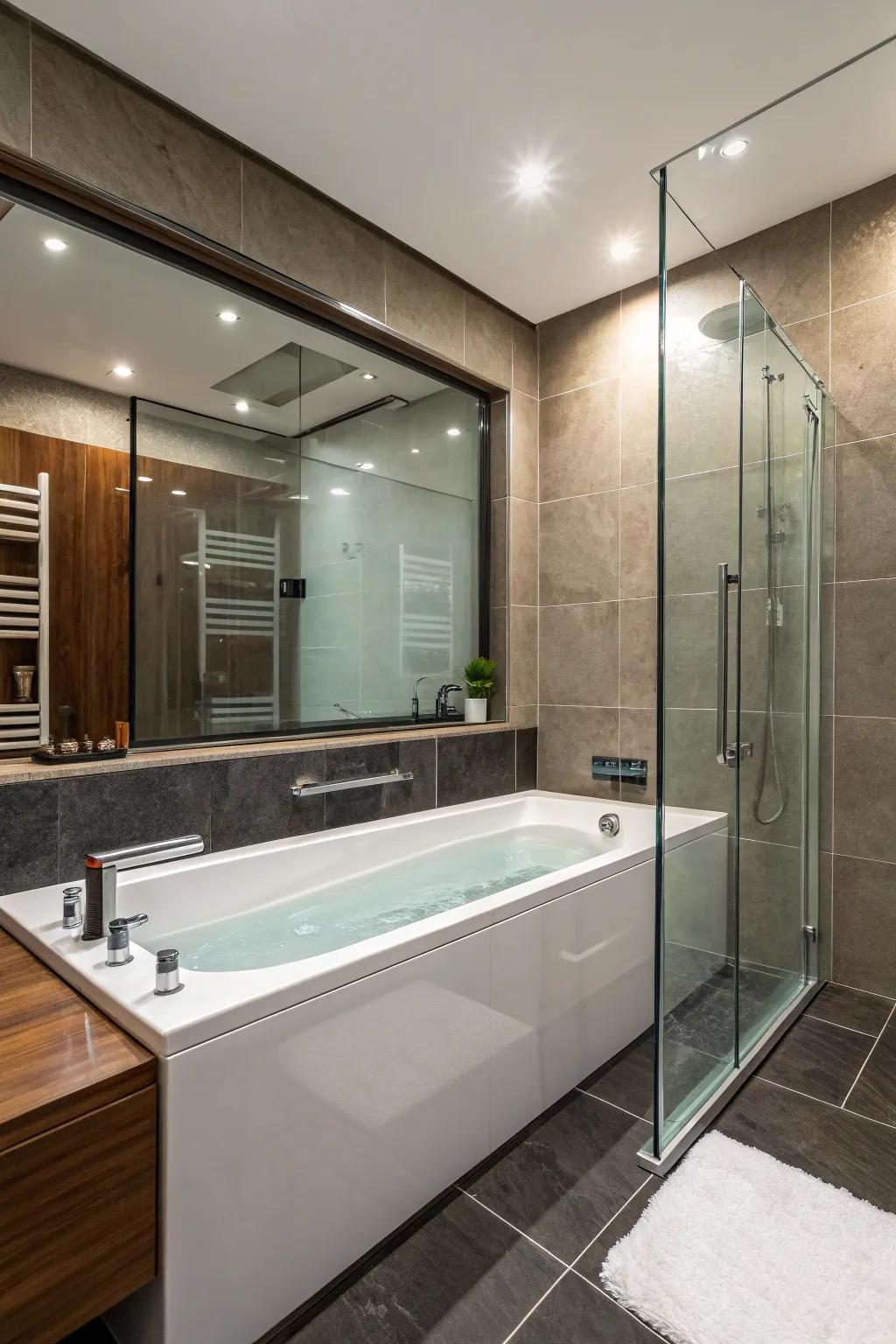 An airy bathroom has a tub improved by a sleek glass partition.
