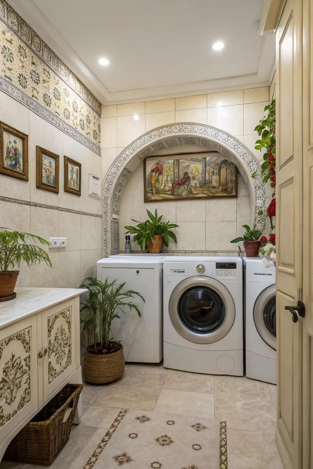 Artful decorations transform the laundry zone into a design statement.