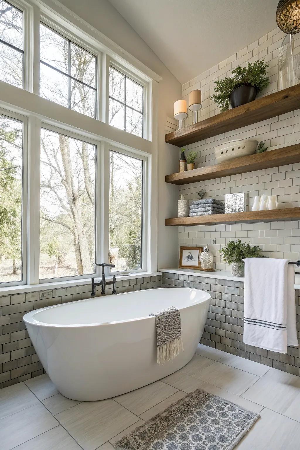 Floating shelves provide stylish and practical storage.